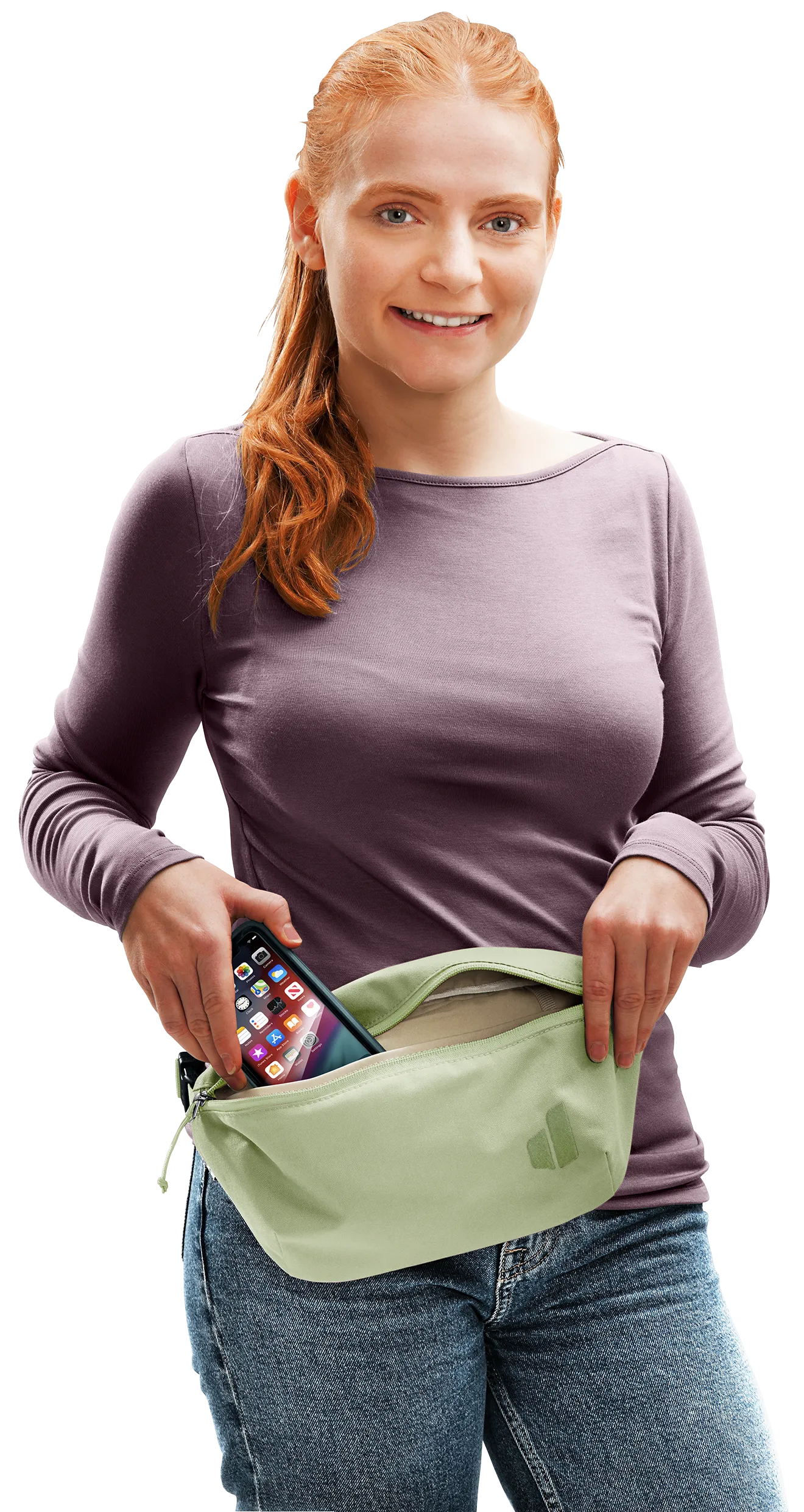 Long Sleeve, Handbag, Adult, Person, Woman, handbag, fanny pack, waist bag, phone pocket, green
