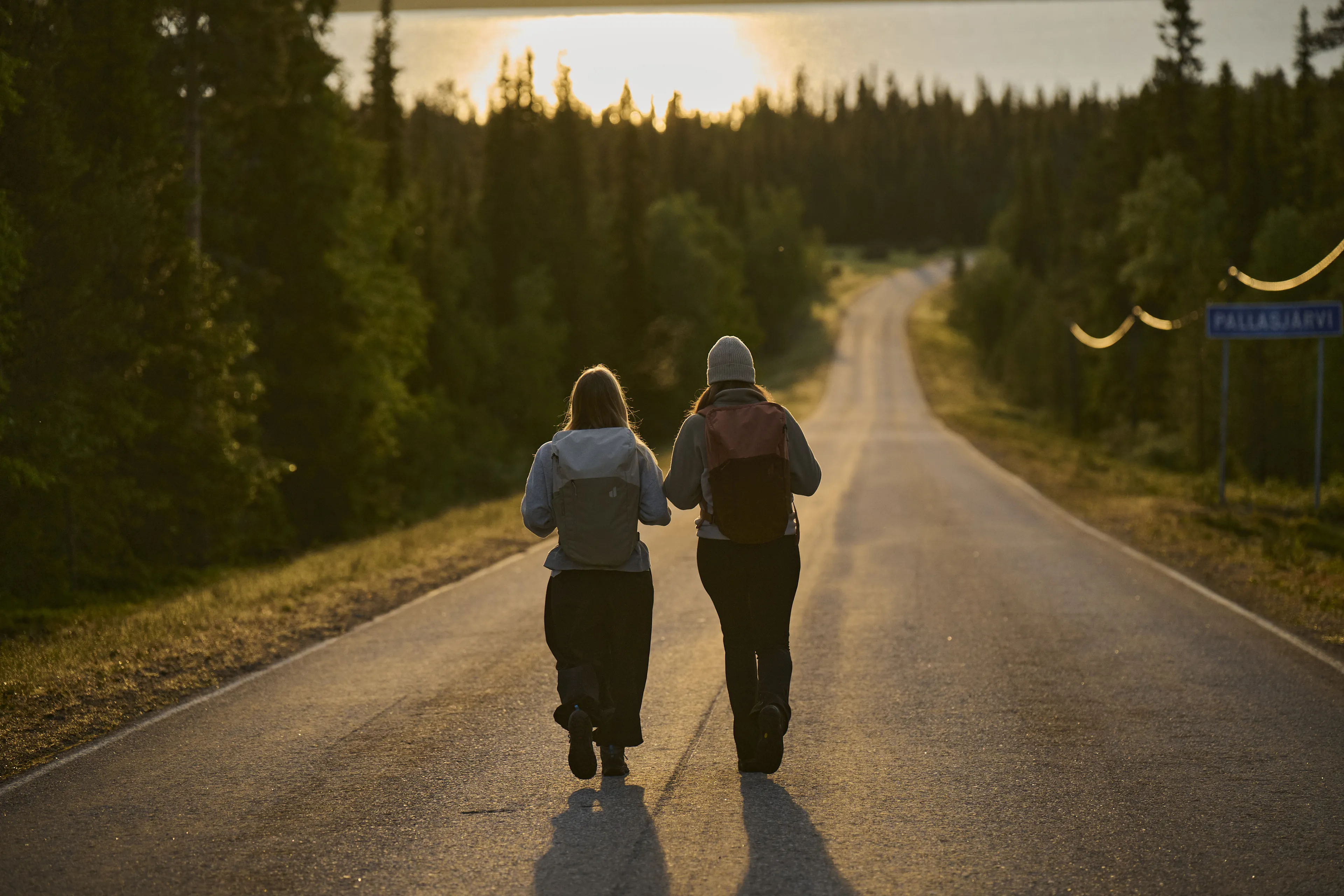 road, two people, hiking, backpacks, forest