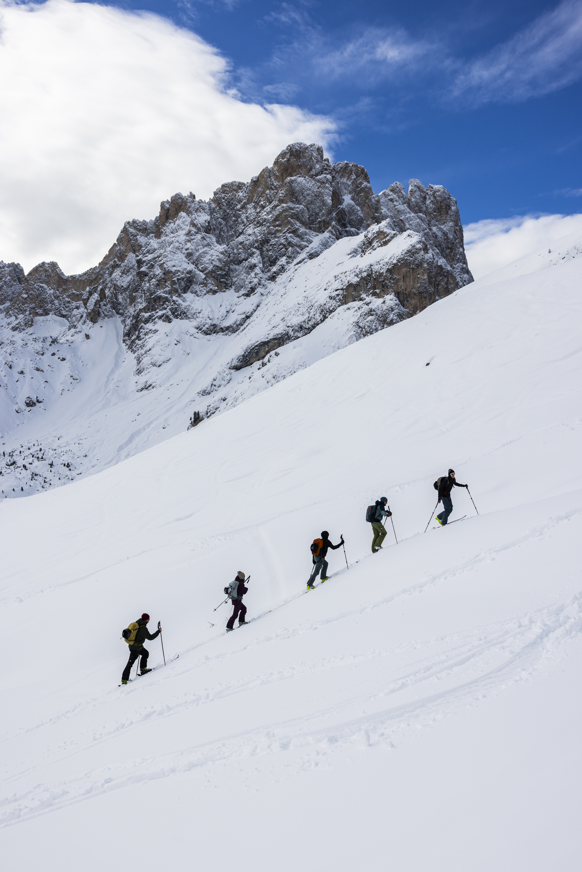 snowy mountains, ski touring, winter landscape, ski poles, backpacks
