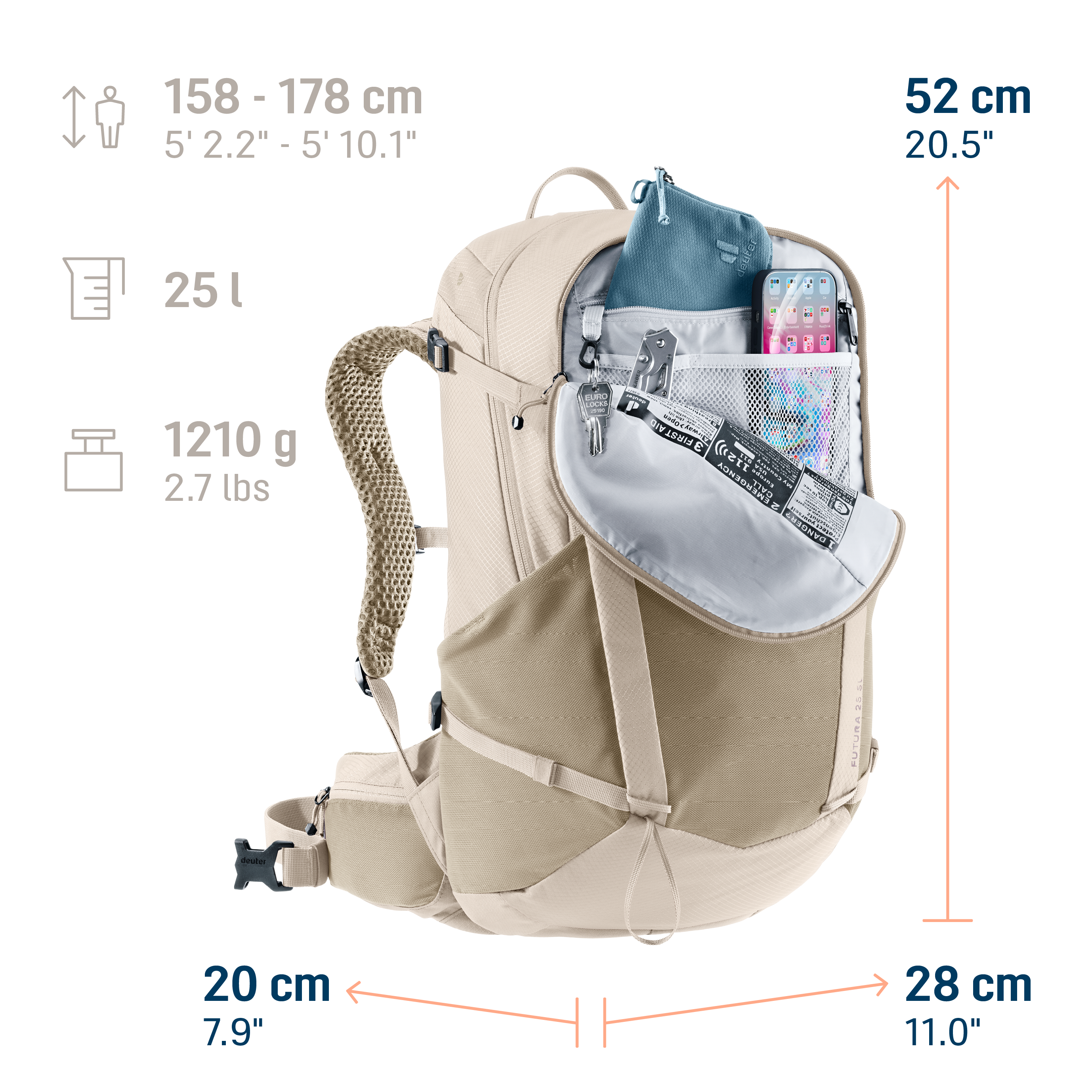 backpack, hiking pack, front pocket, mesh pocket, hydration pocket