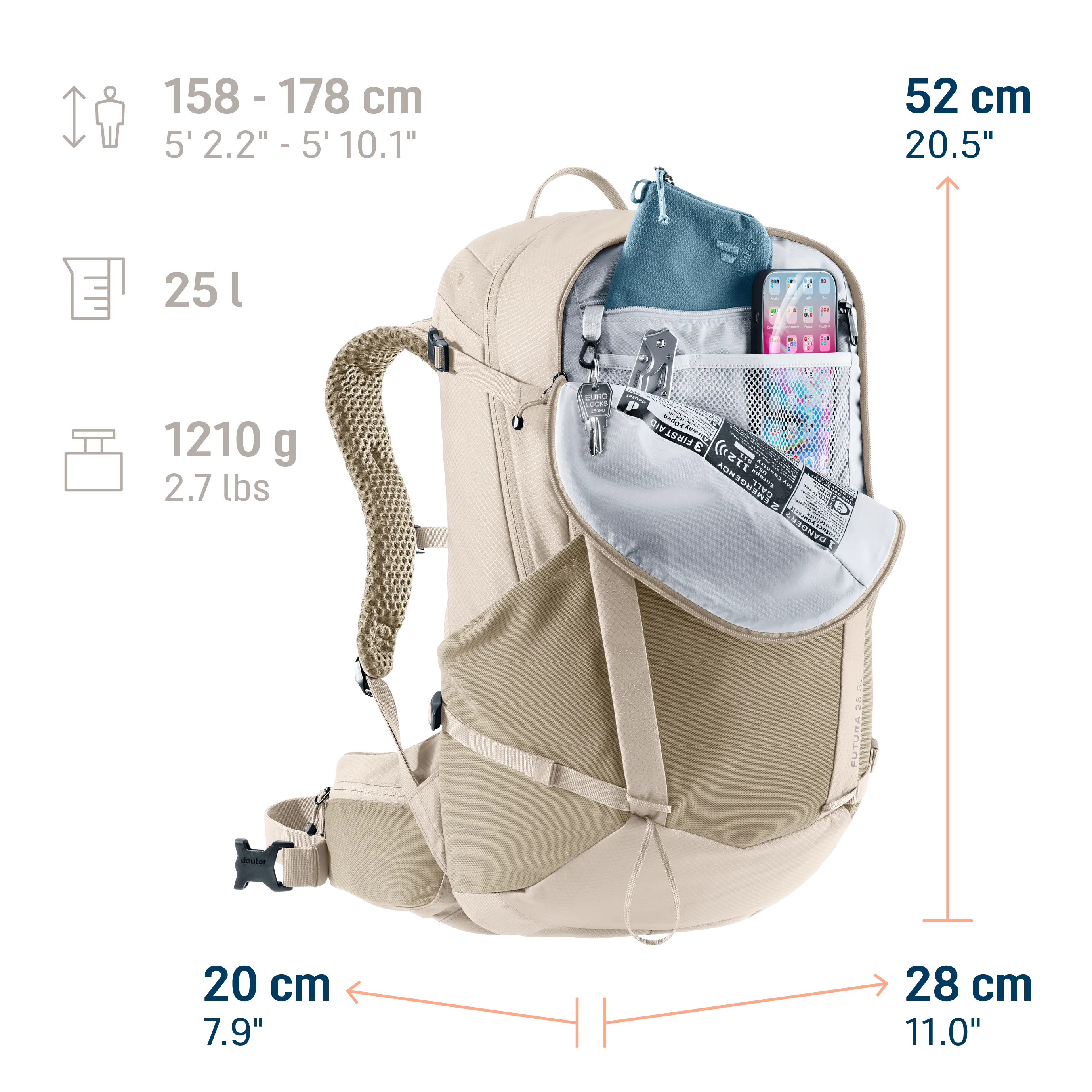 backpack, hiking pack, front pocket, mesh pocket, hydration pocket