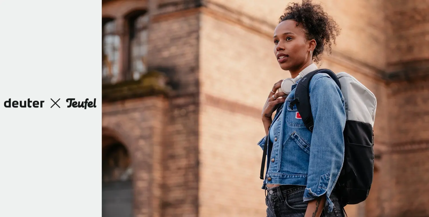 denim jacket, backpack, earbuds, urban, woman