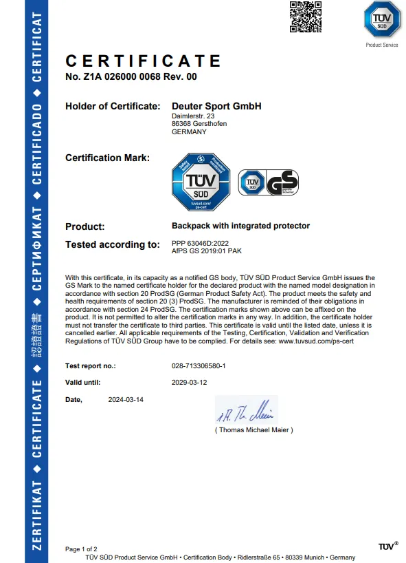 certificate, GS mark, certificate holder, tuv sud, backpack, integrated protector