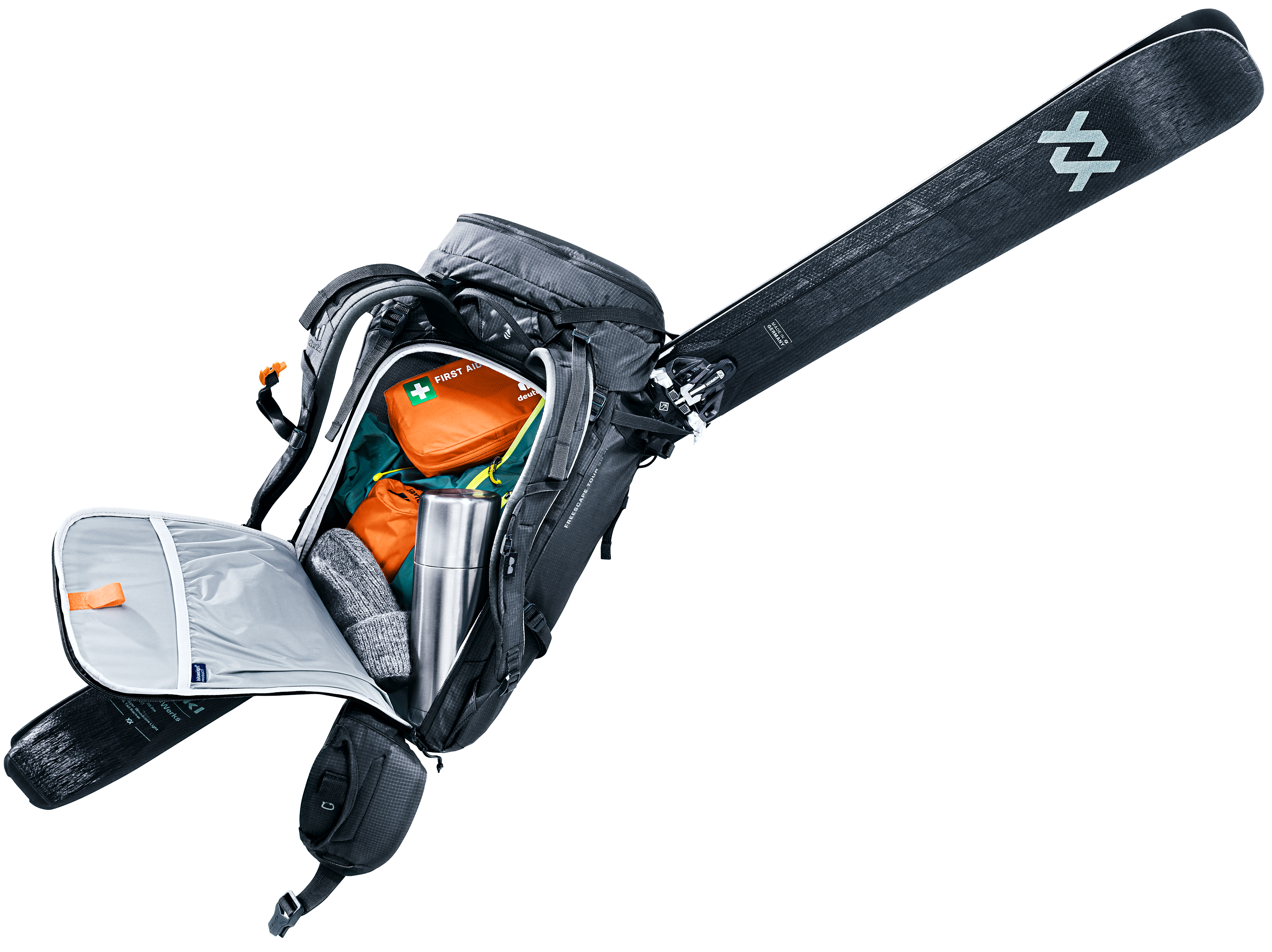 ski backpack, ski pack, backpack with ski carry, multitool pockets, orange first aid kit