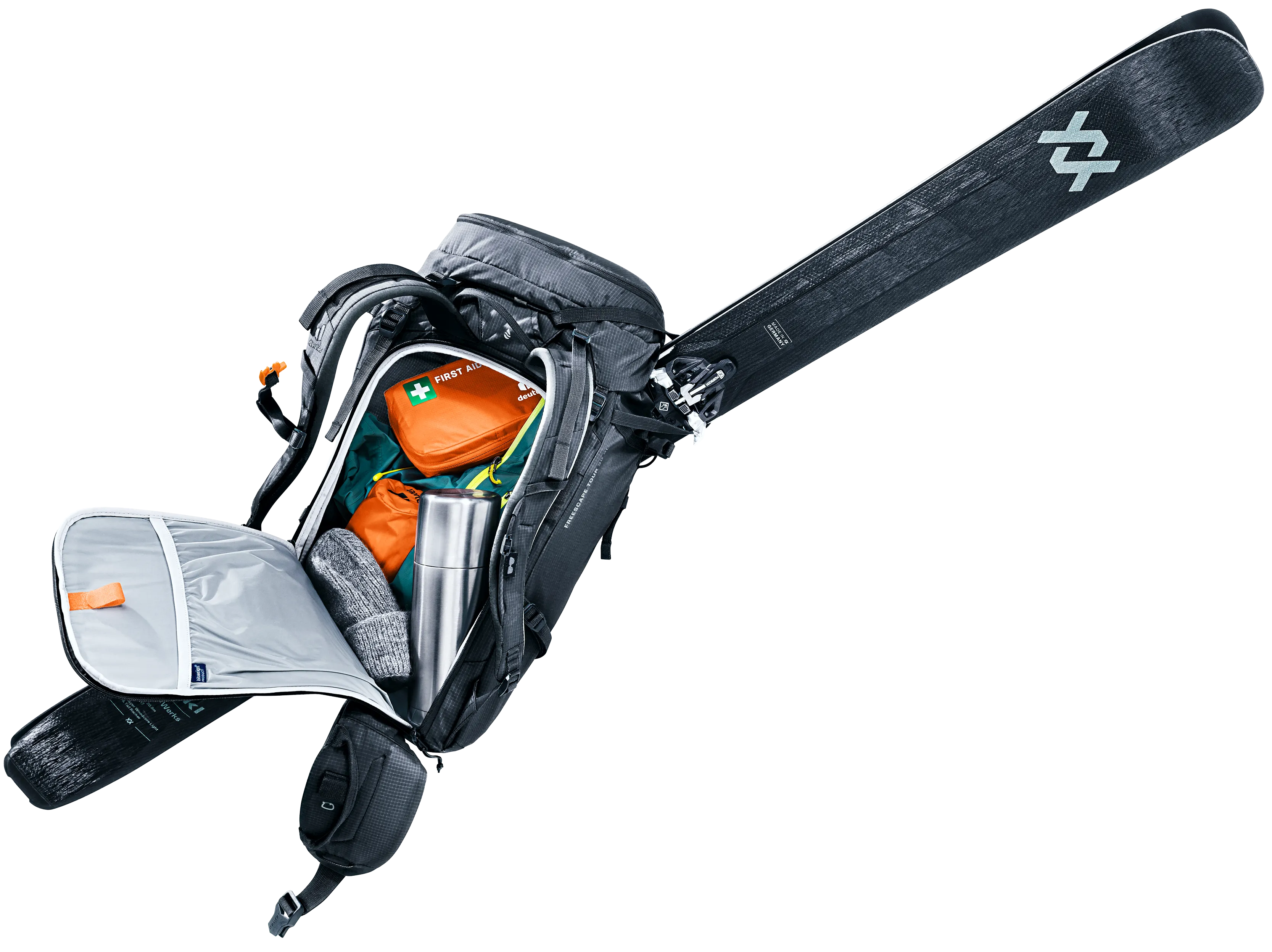 ski backpack, ski pack, backpack with ski carry, multitool pockets, orange first aid kit