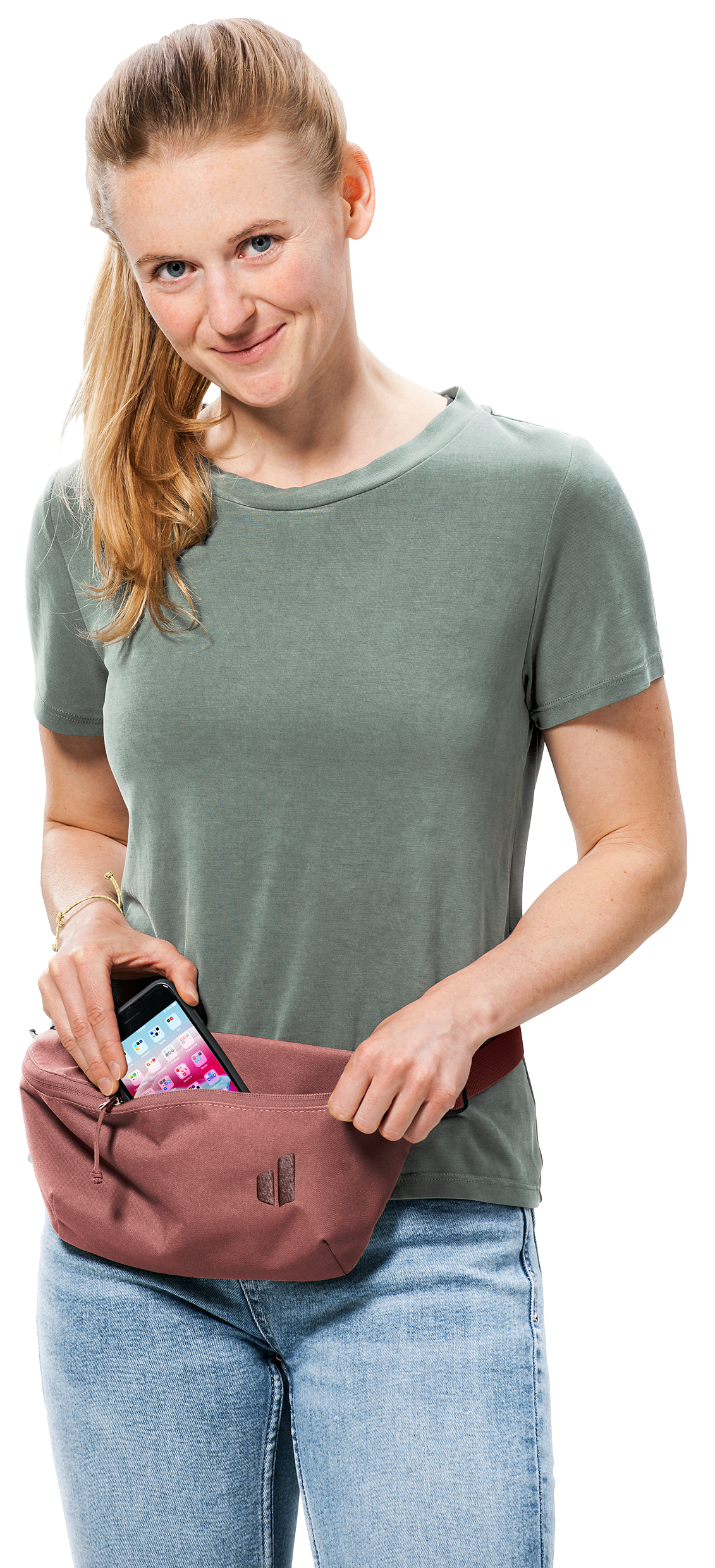 T-Shirt, Handbag, Jeans, Mobile Phone, Person, fanny pack, waist bag, phone pocket, mesh pocket, casual