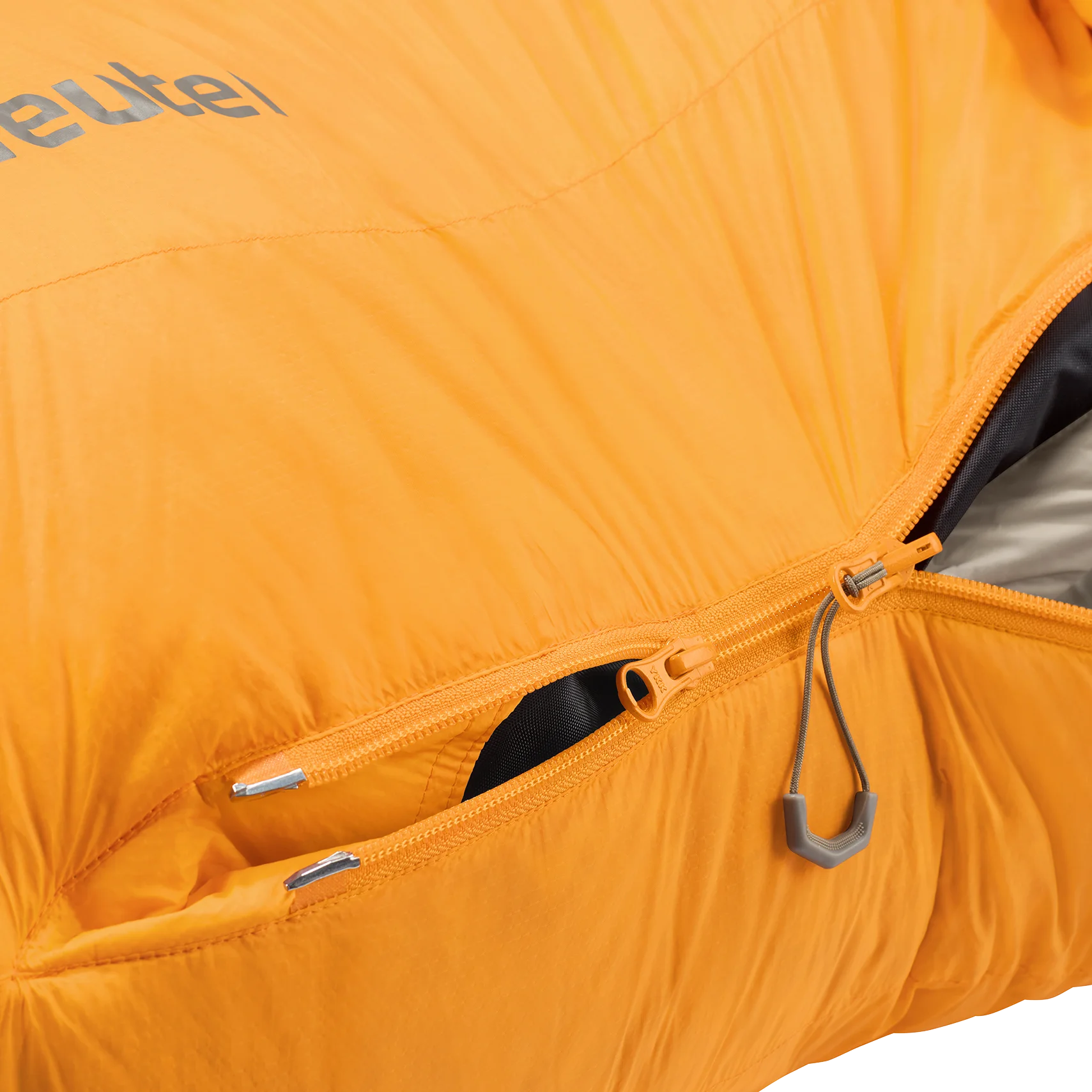 orange, down jacket, zipper, puffer, hoodie pocket