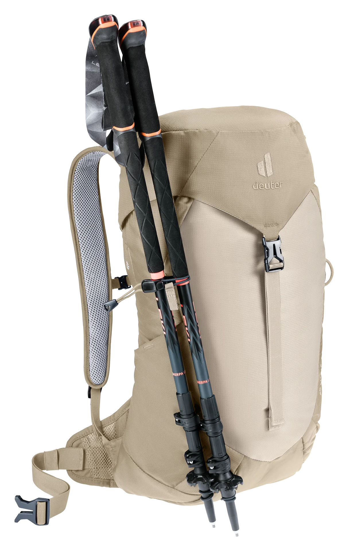 backpack, hiking, trekking-poles, beige, lumbar-strap