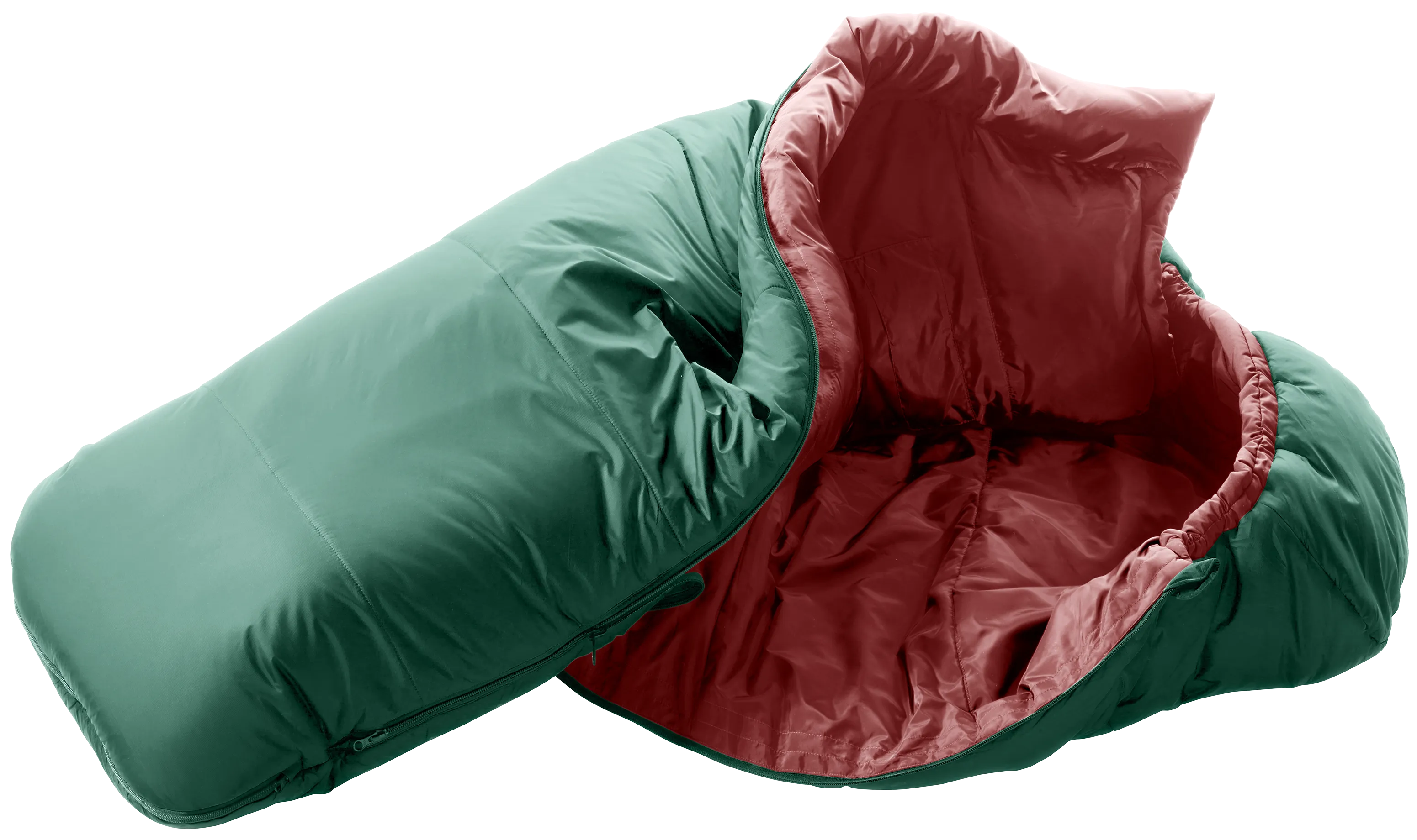 Coat, Jacket, Hood, Cushion, Vest, sleeping bag, mummy bag, green, red interior, zippered