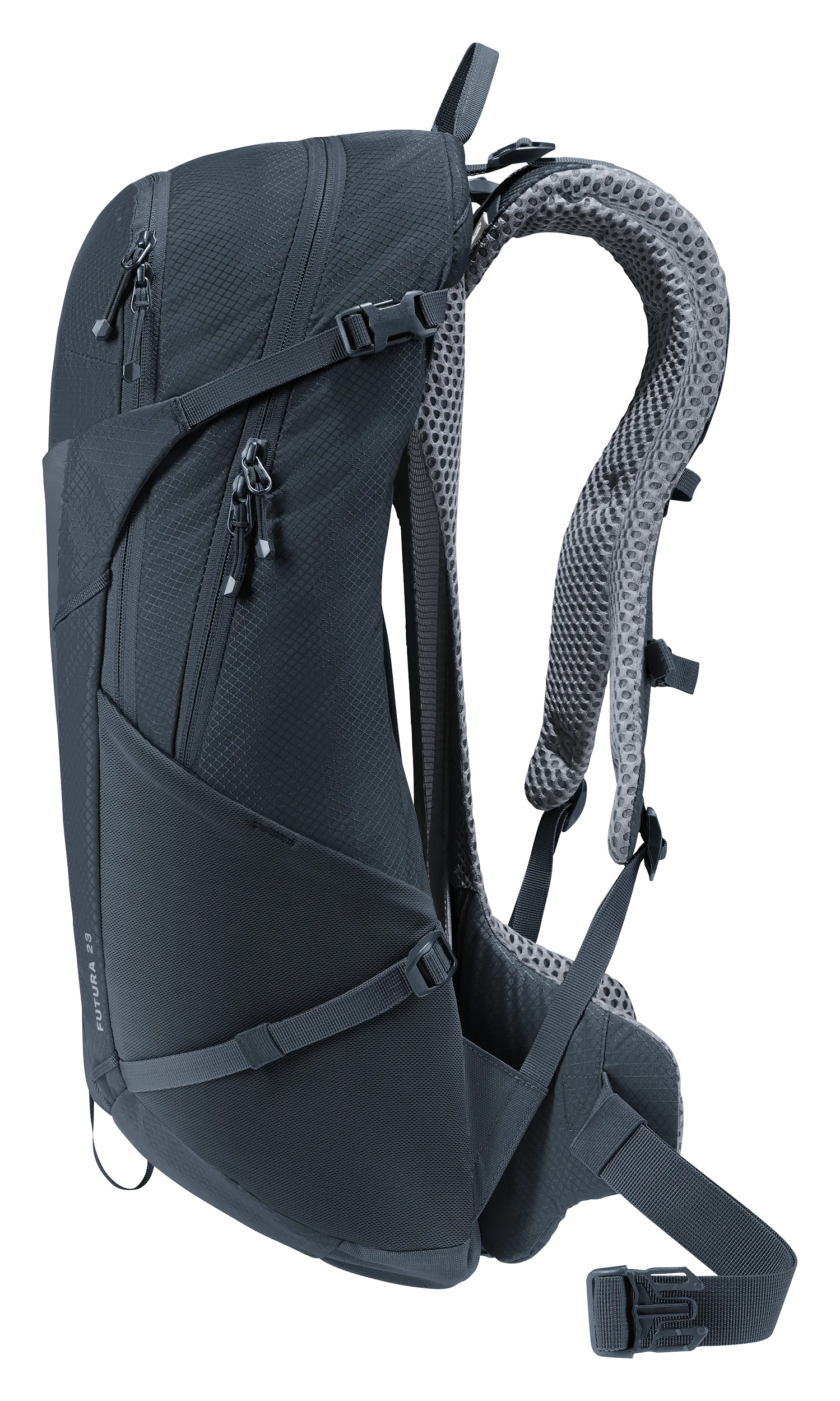 backpack, shoulder straps, mesh padding, zippers, dark gray