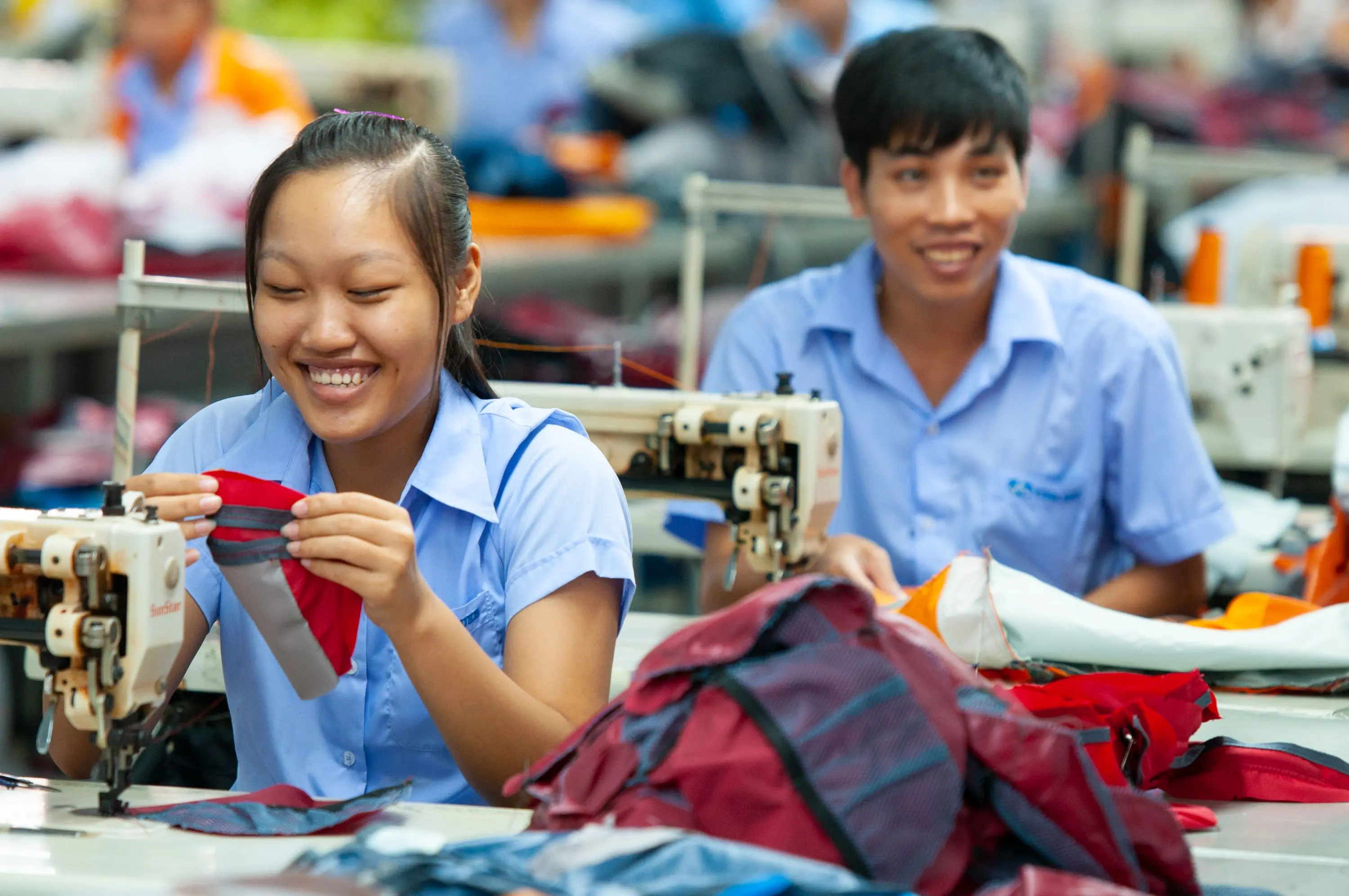factory, sewing, textile, fabric, blue uniform
