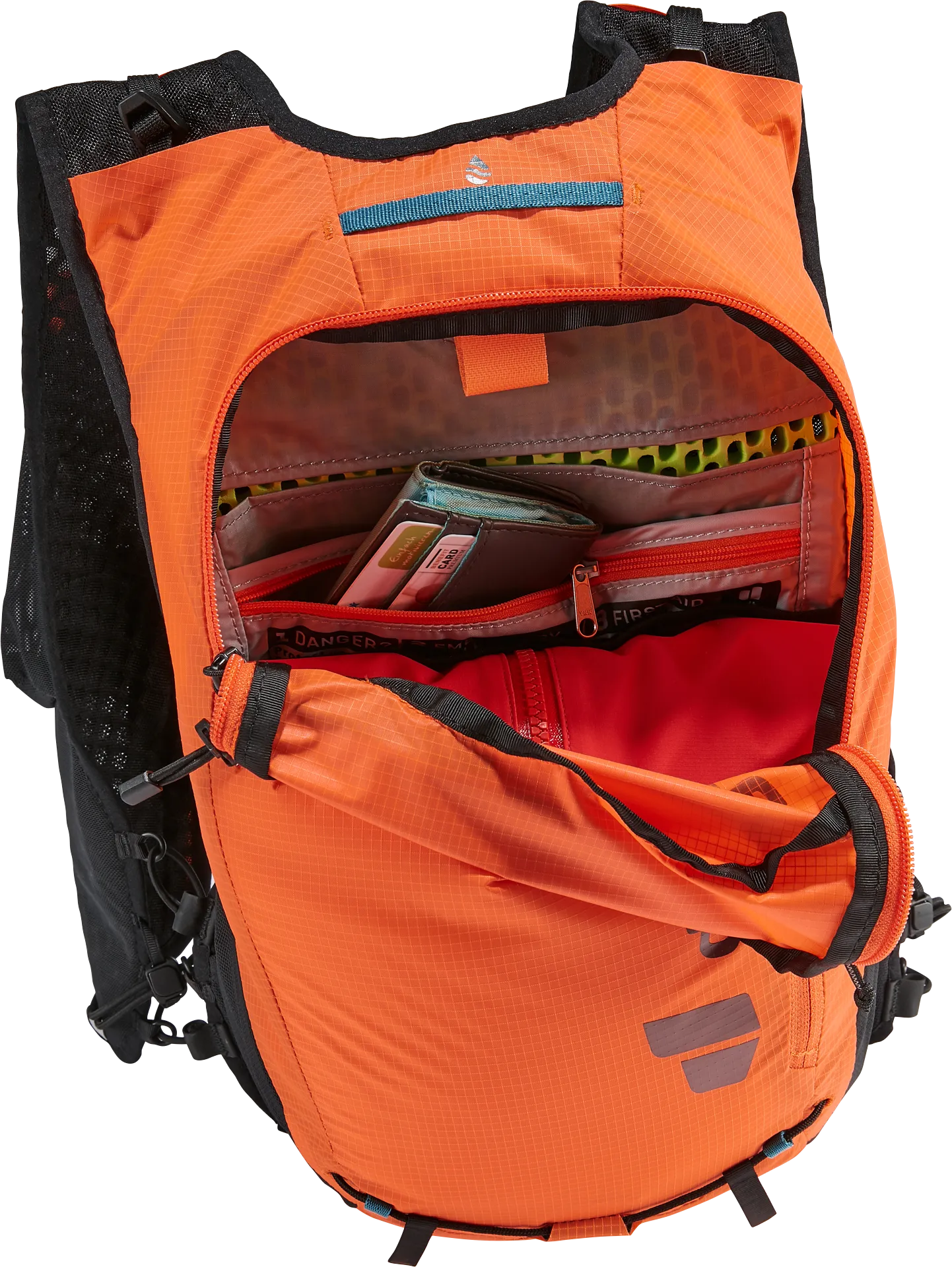 backpack, orange, wallet, zipper, pocket