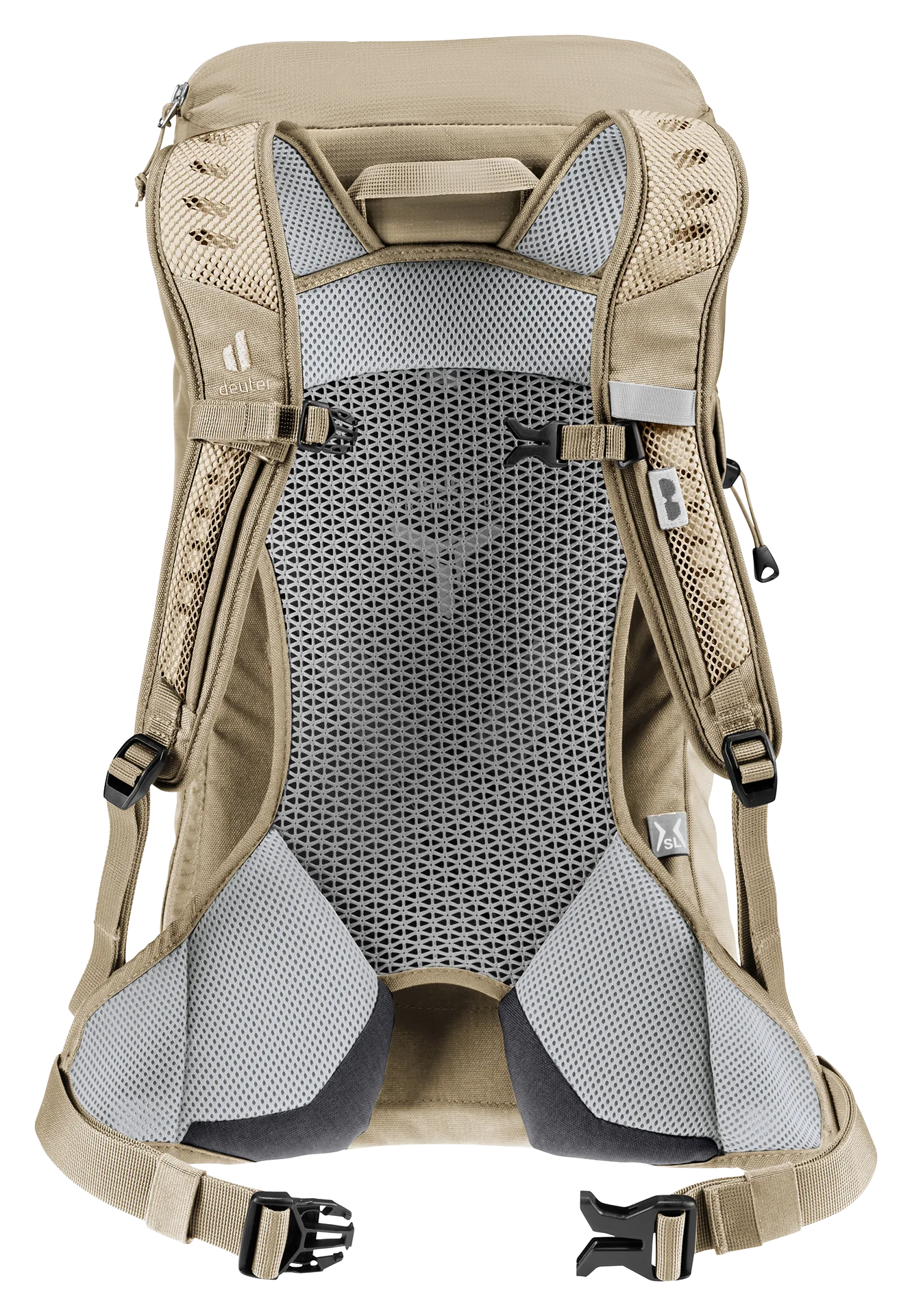 backpack, hiking, mesh back, padded straps, tan color