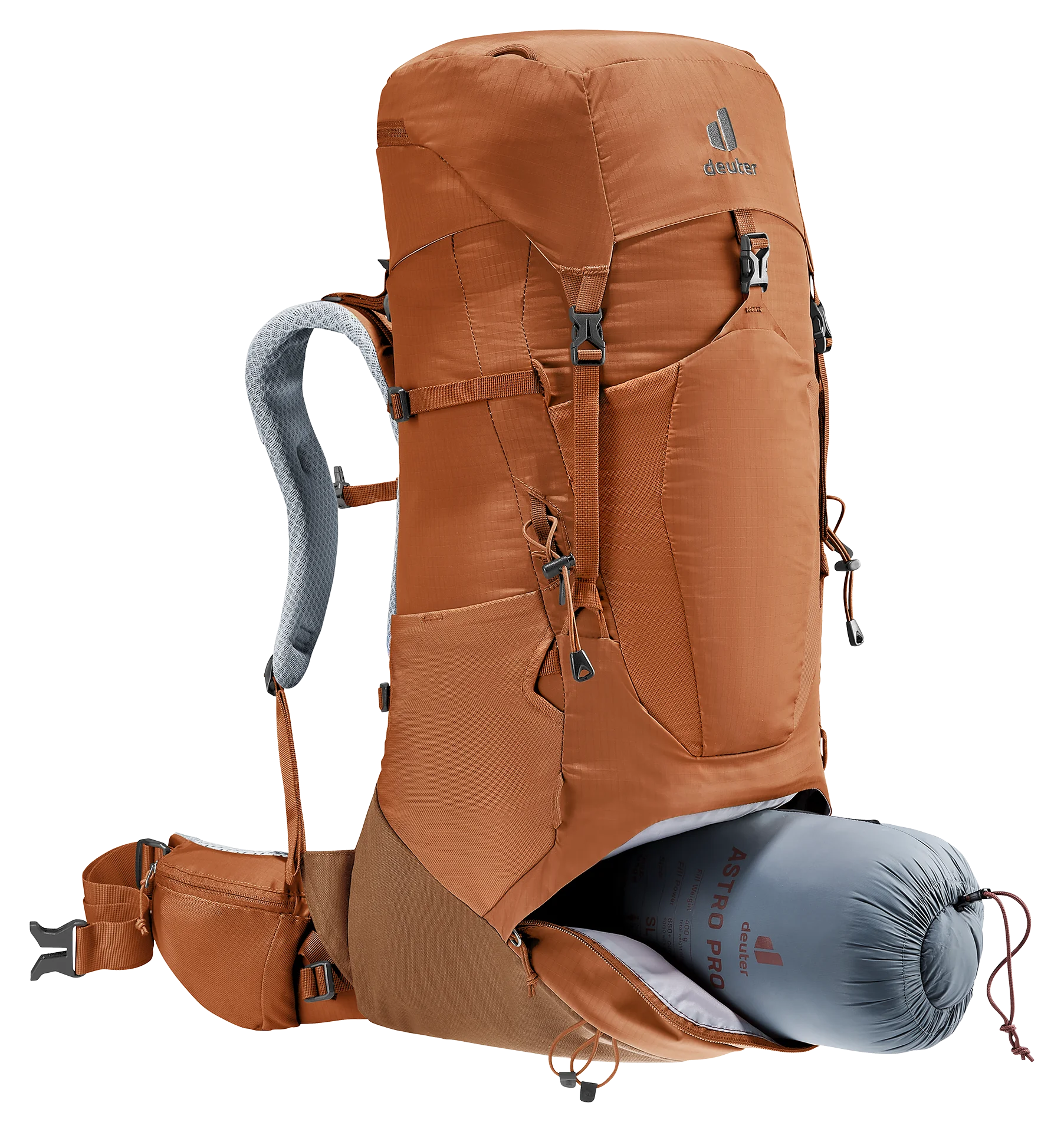 backpack, hiking, orange, external frame, sleeping pad