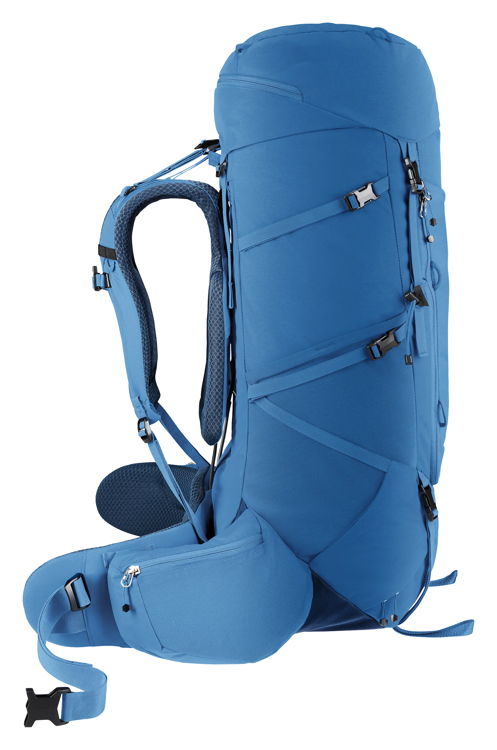 backpack, hiking, blue, external frame, front-facing