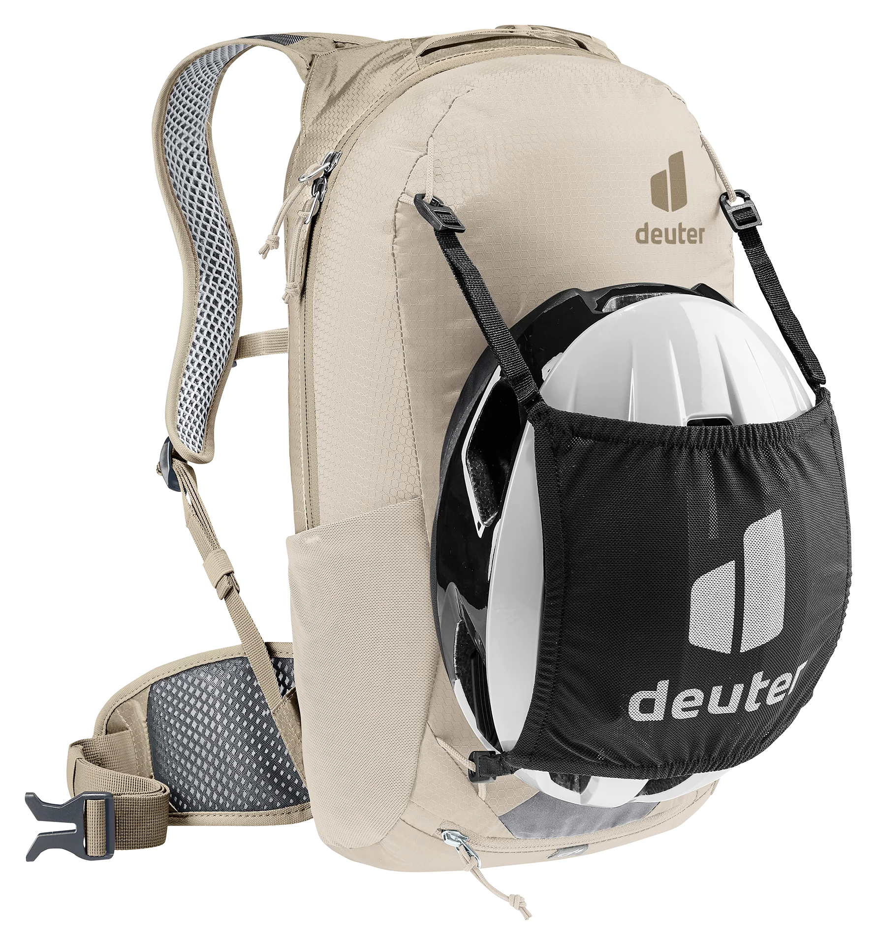 backpack, helmet holder, hydration compatible, mesh pocket, beige