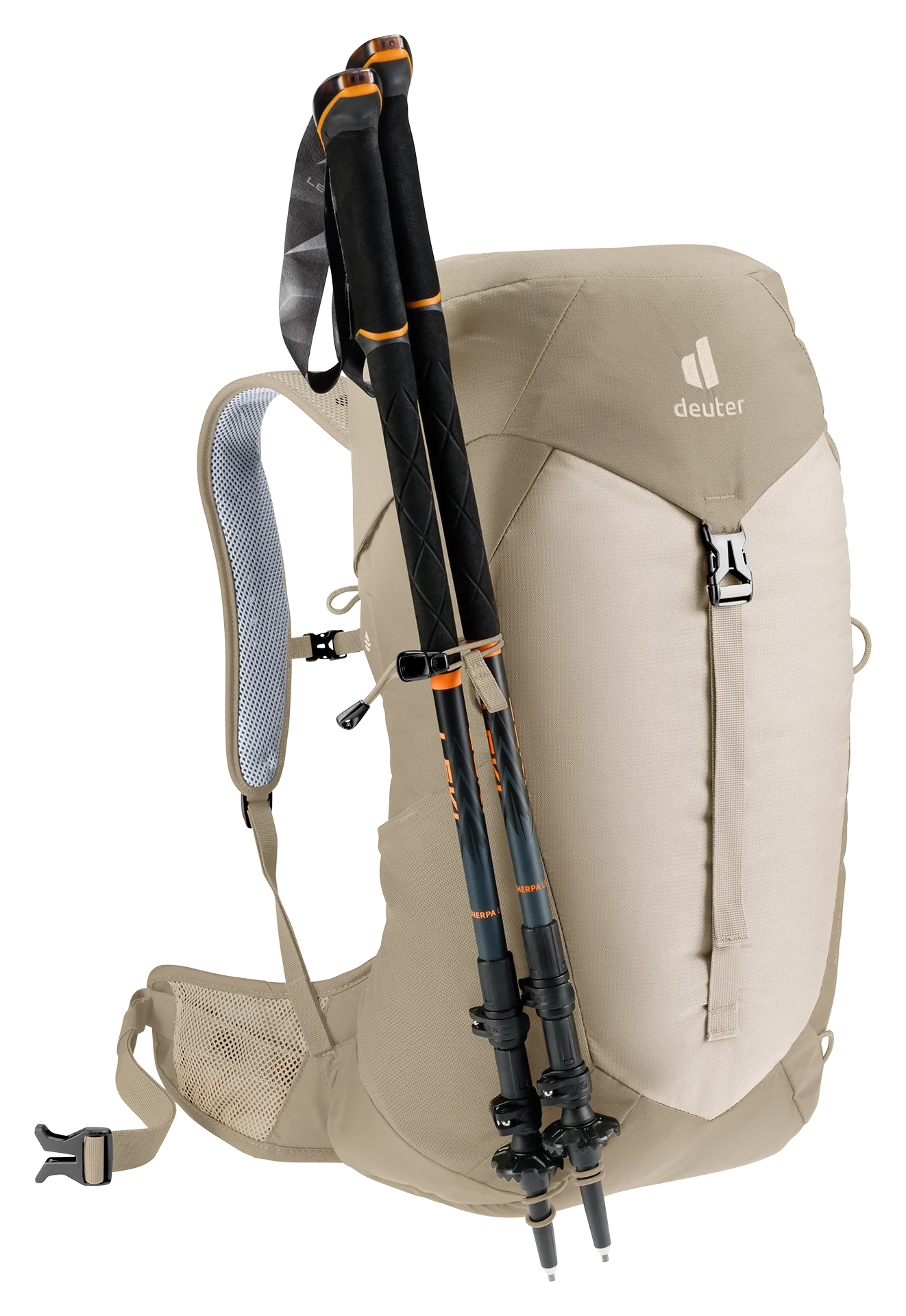 hiking backpack, trekking pack, external frame?, two trekking poles, beige backpack