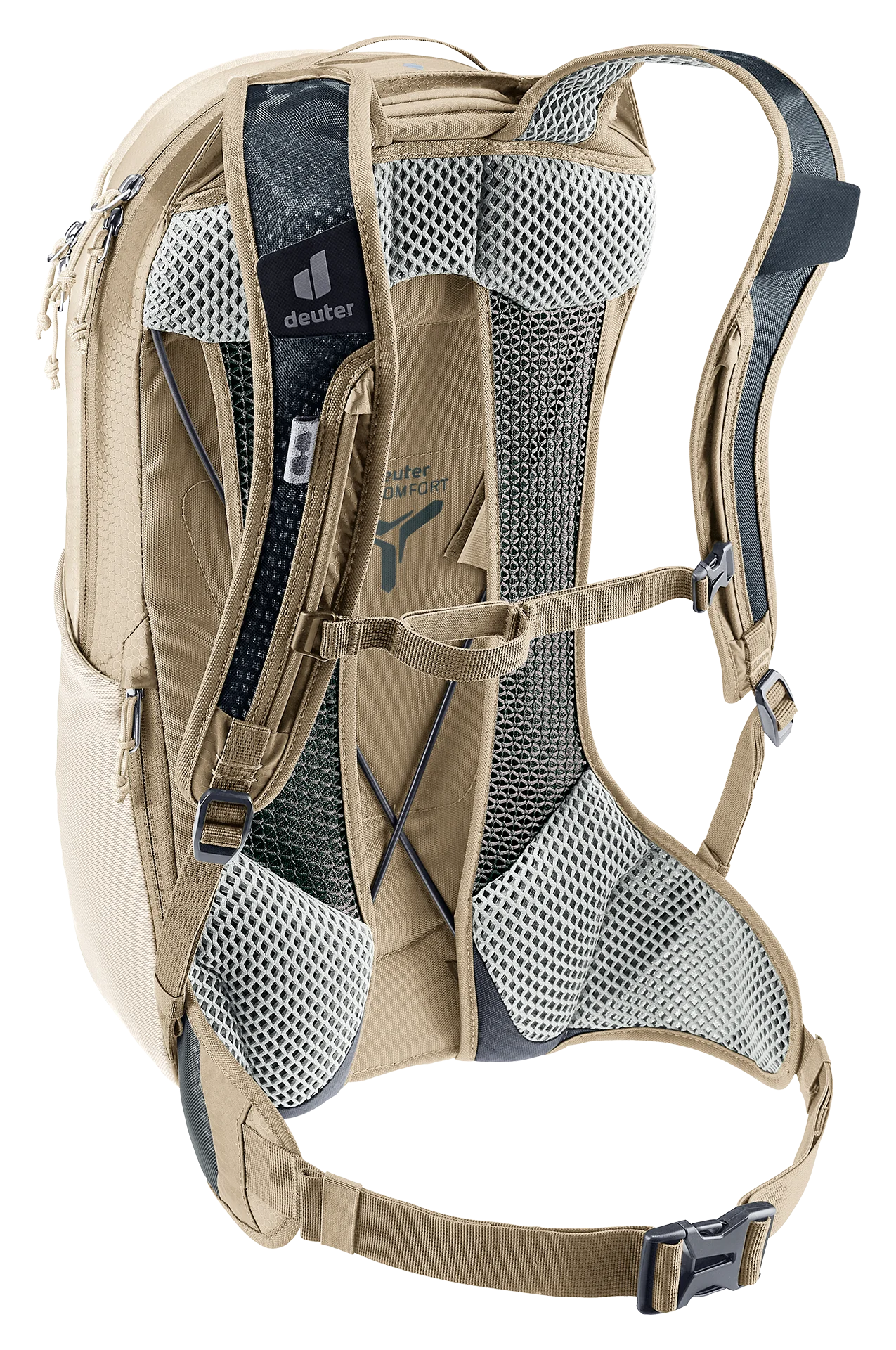 backpack, hiking, shoulder straps, mesh padding, tan color