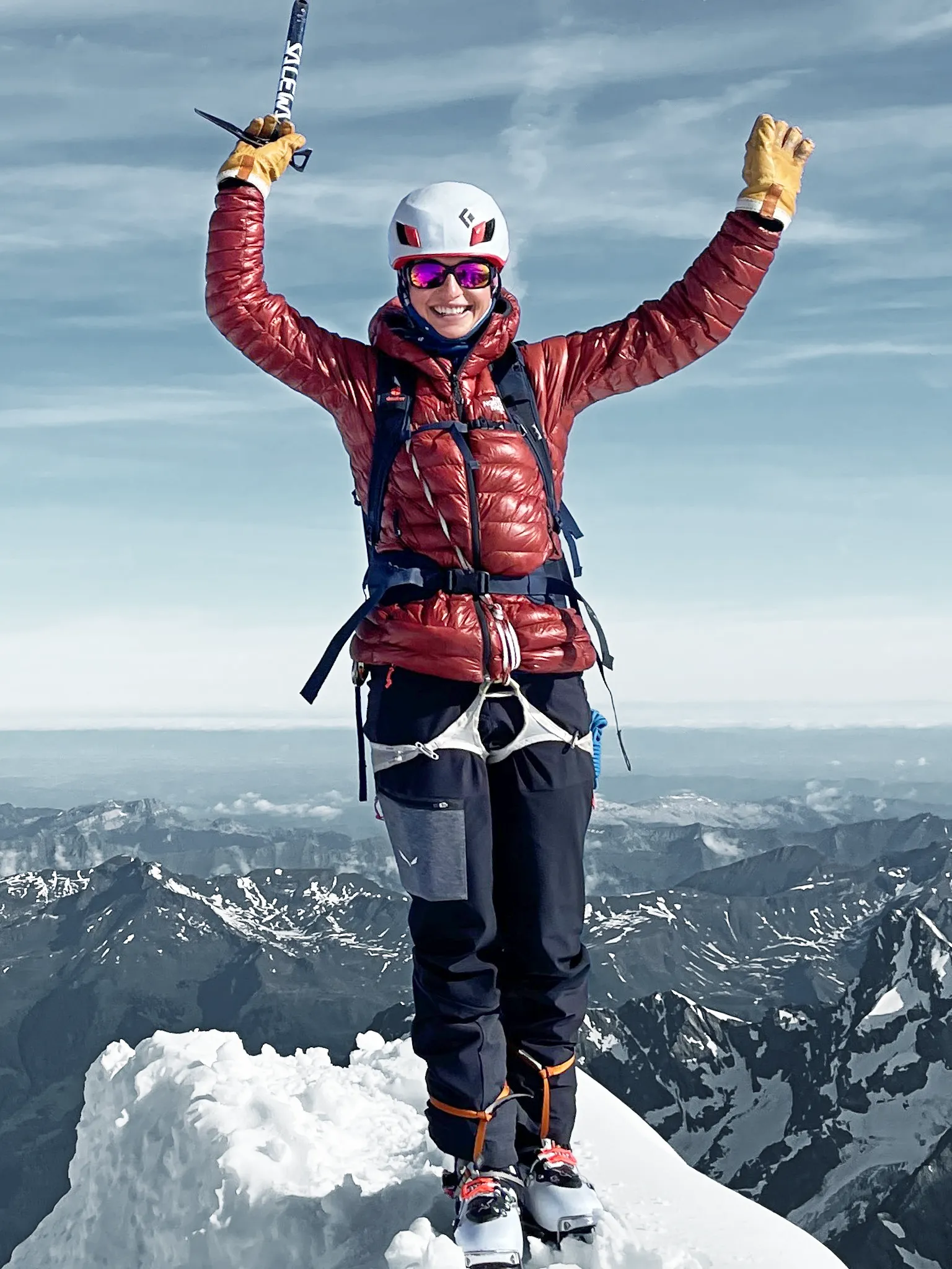skiing, mountaineering, puffer jacket, snow, helmet