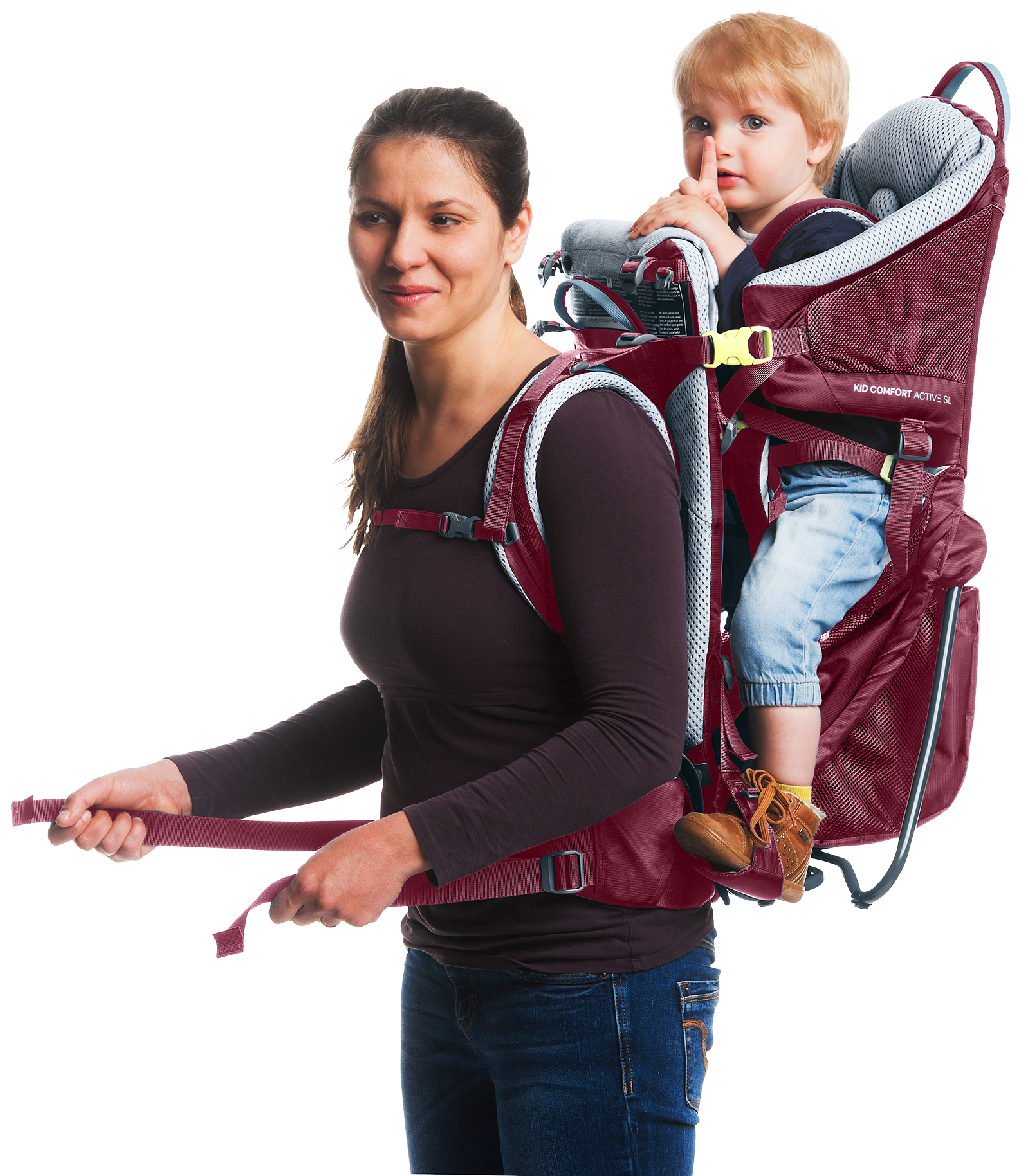 baby carrier, child carrier, backpack, maroon, padded straps