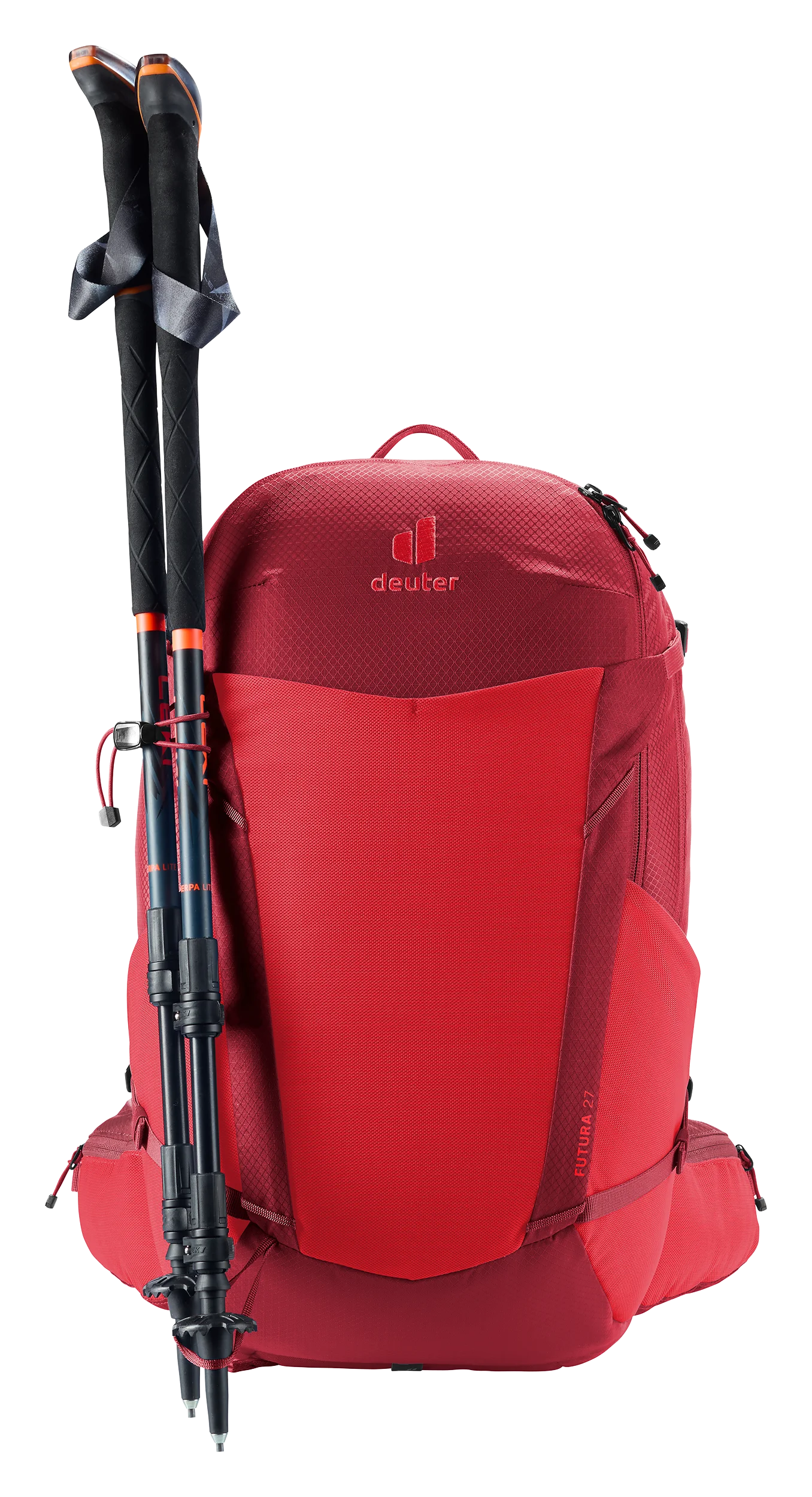 backpack, hiking backpack, red, trekking poles, outdoor gear