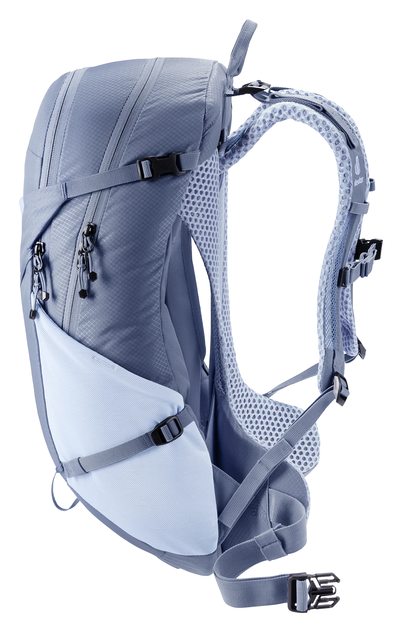 backpack, hydration-ready, slim profile, front zipper, padded straps