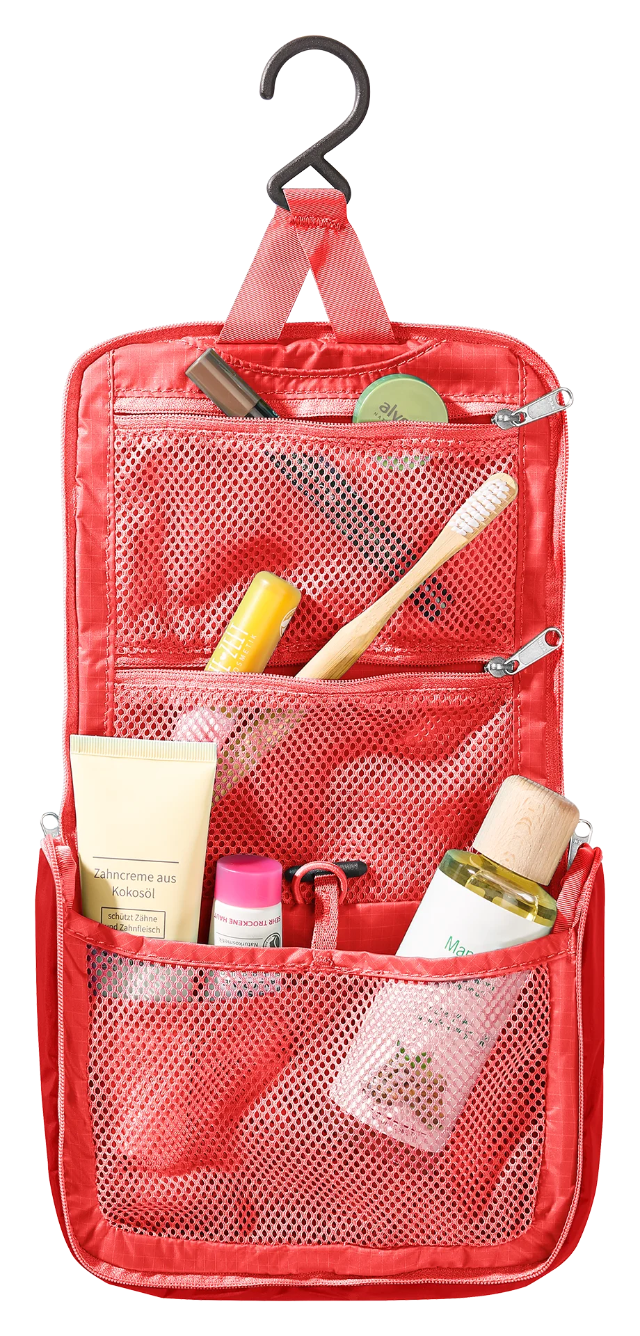 toiletry bag, travel organizer, hanging toiletry, mesh pockets, red