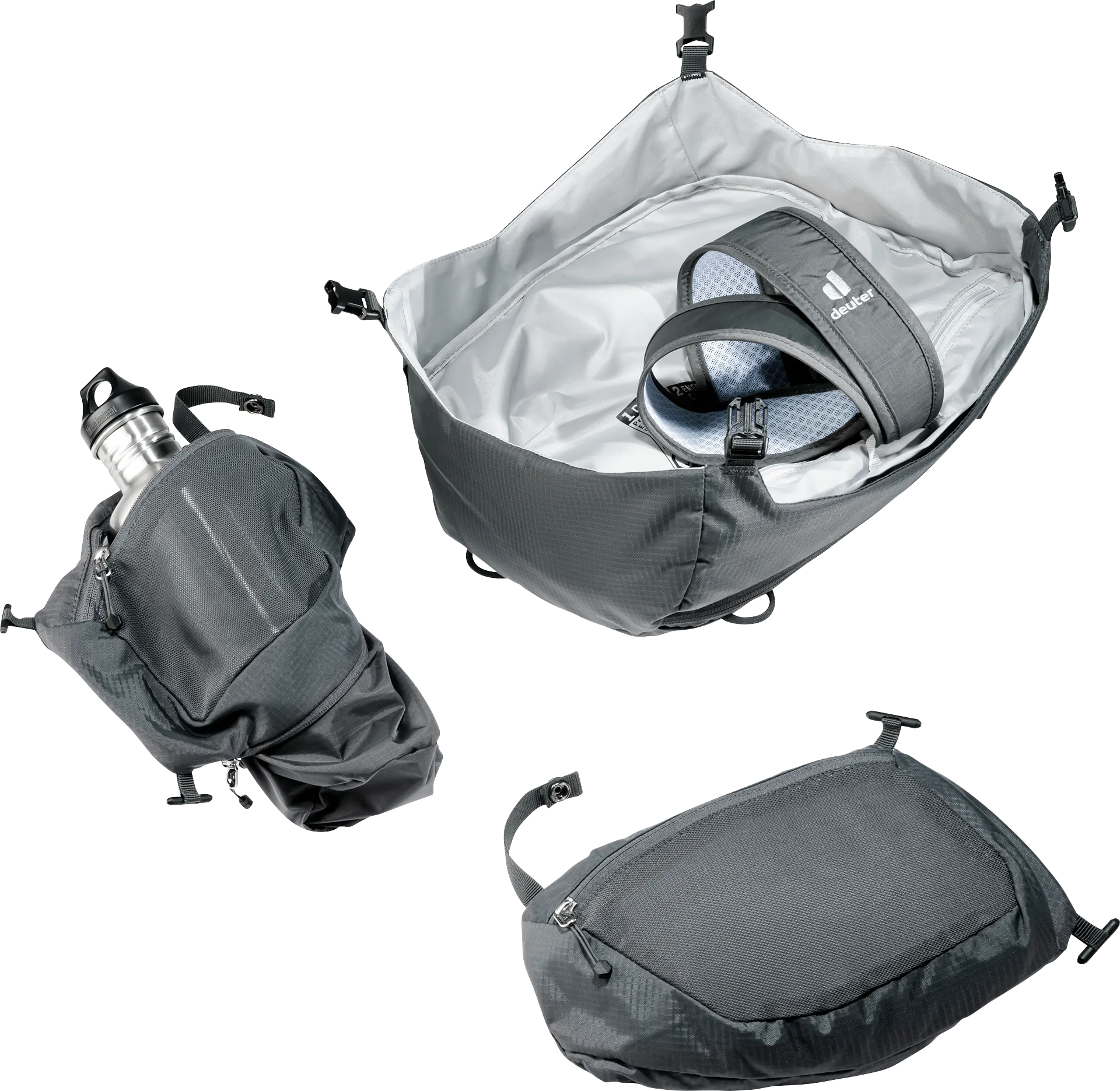Bag, Accessories, Handbag, Backpack, hiking bag, compact pack, fuel bottle pocket, gray pouch, multi-piece set