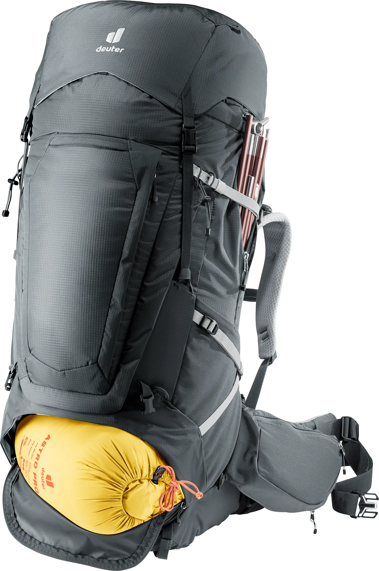 Bag, Backpack, backpack, hiking, external-frame, gray, yellow-packable-sleeping-bag