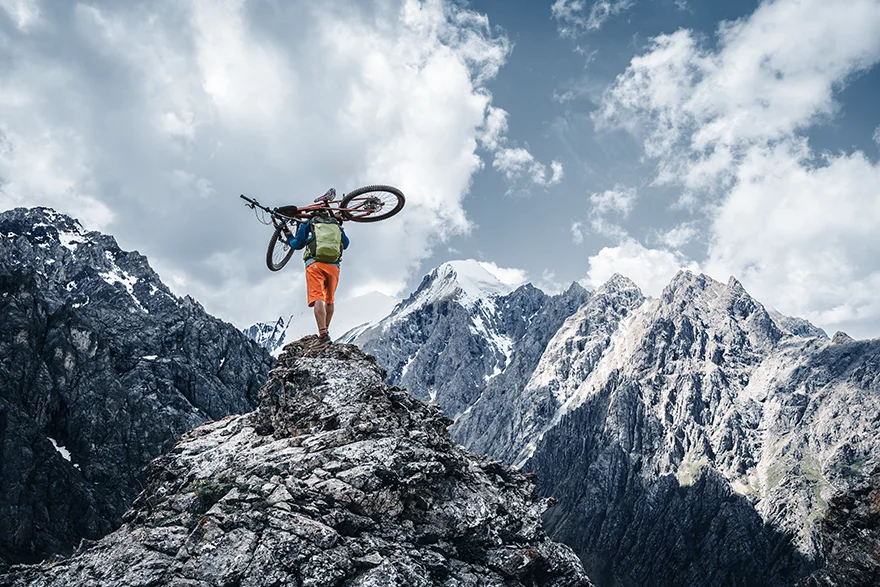 Outdoors, Peak, Person, Bicycle, Slope