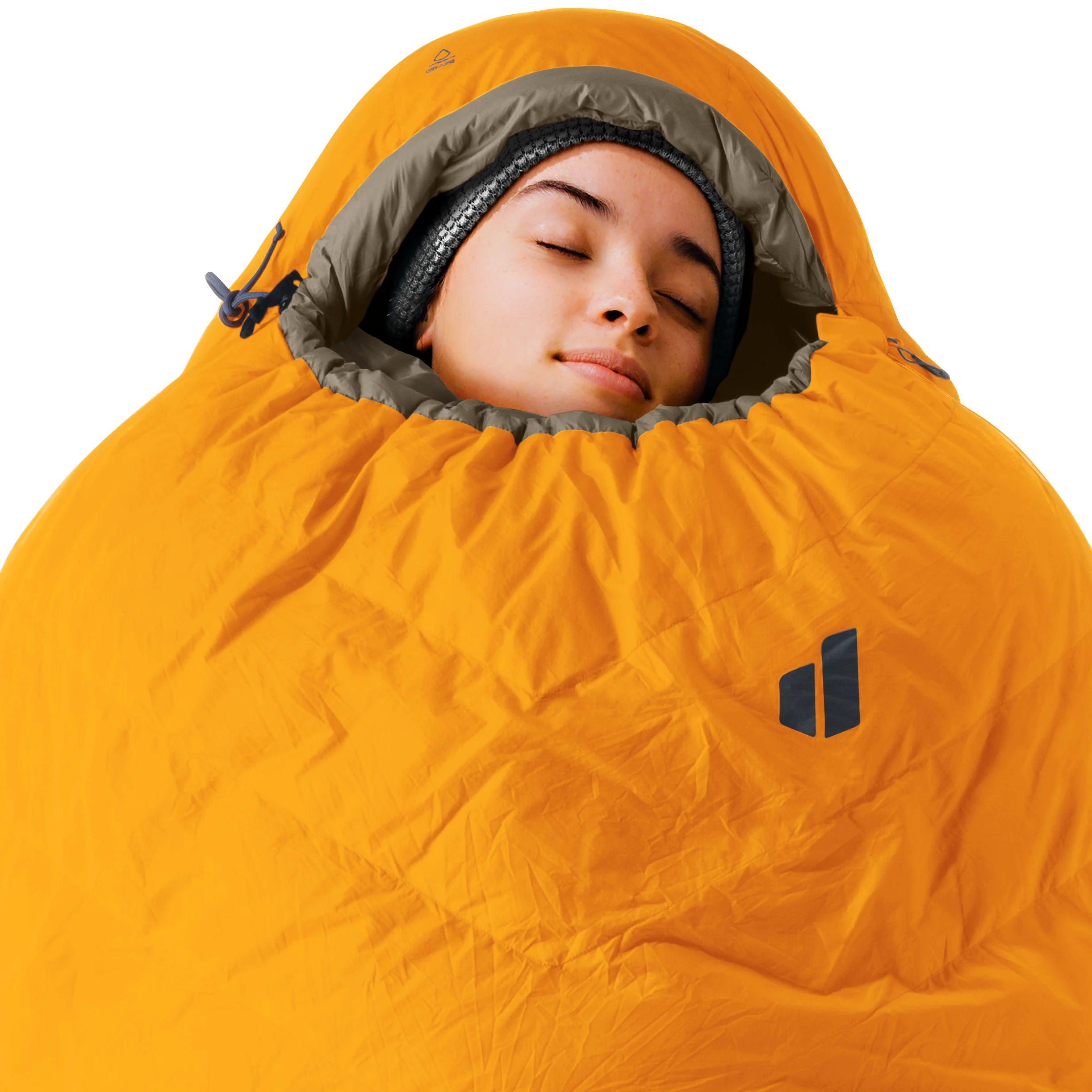 sleeping bag, orange, hooded, puffer, cold-weather
