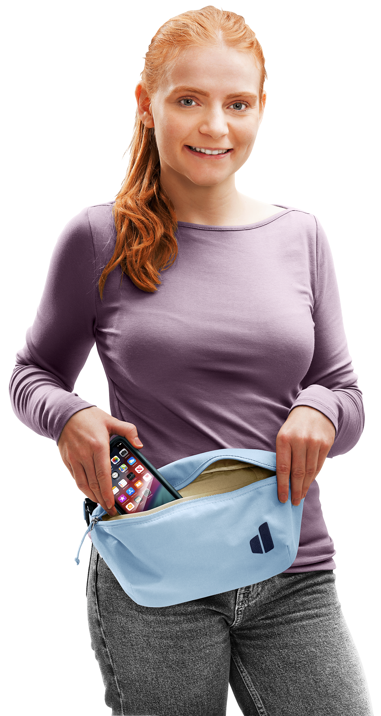 Avengo Organizer Long Sleeve, Handbag, Adult, Person, Woman, hip bag, waist bag, fanny pack, phone in bag, light blue