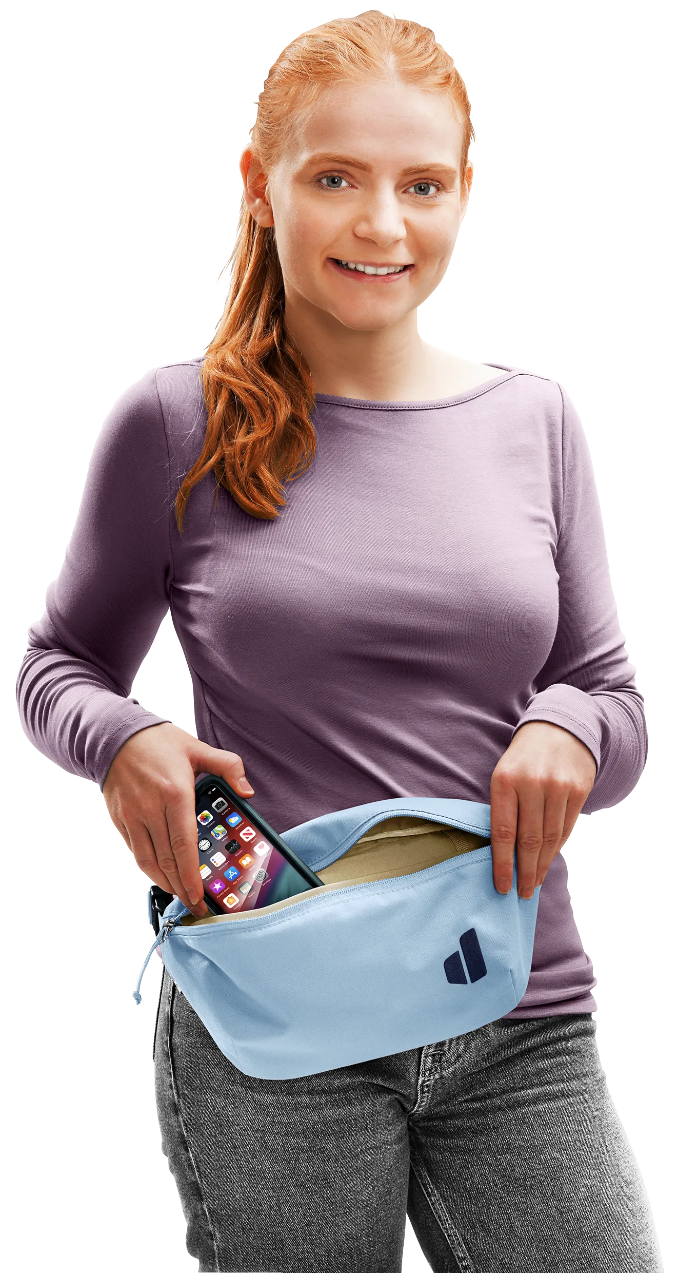 Long Sleeve, Handbag, Adult, Person, Woman, hip bag, waist bag, fanny pack, phone in bag, light blue