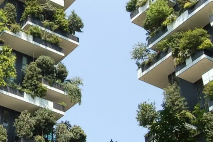 apartment building, balconies, greenery, urban architecture, sky