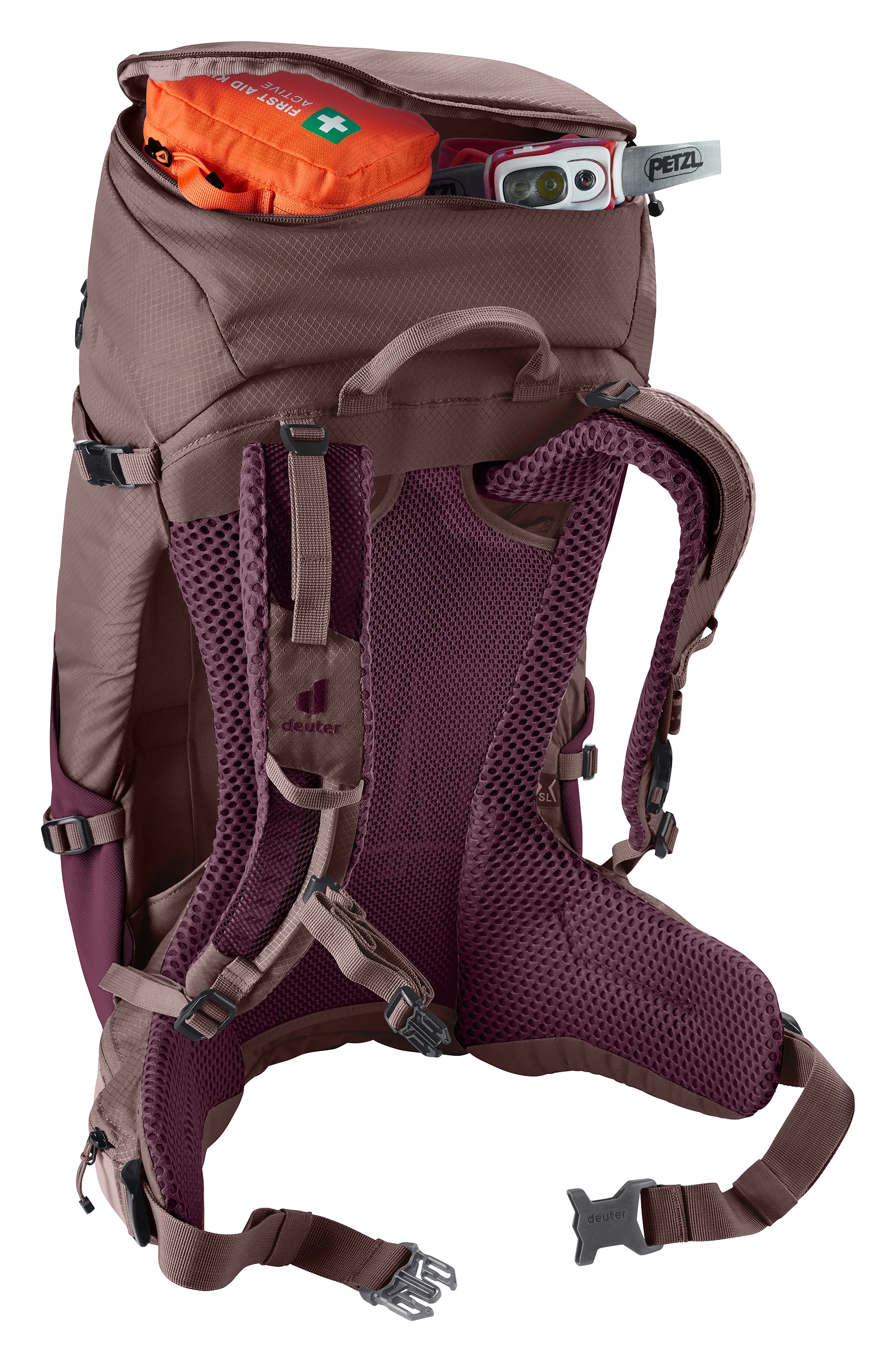 backpack, shoulder straps, hip belt, mesh padding, purple brown