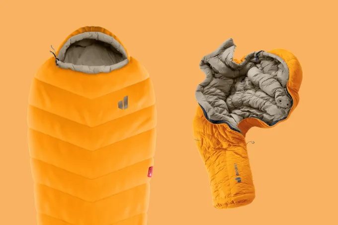 sleeping bag, mummy bag, orange, insulated, puffer-style