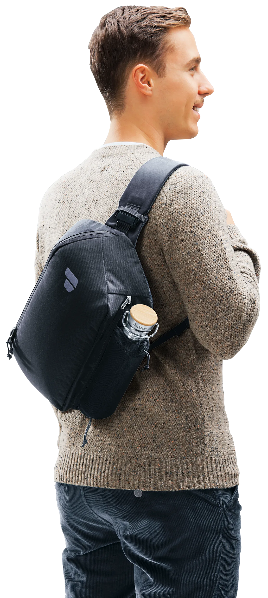 Bag, Knitwear, Sweater, Person, Handbag, backpack, shoulder bag, black bag, side view, casual clothing