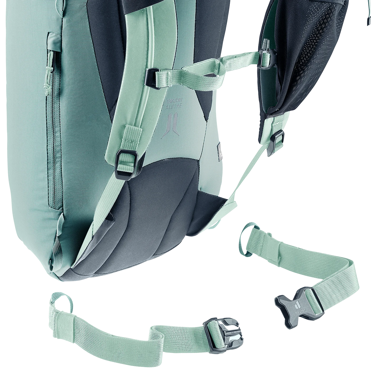 backpack, shoulder strap, mesh padding, waist strap, green