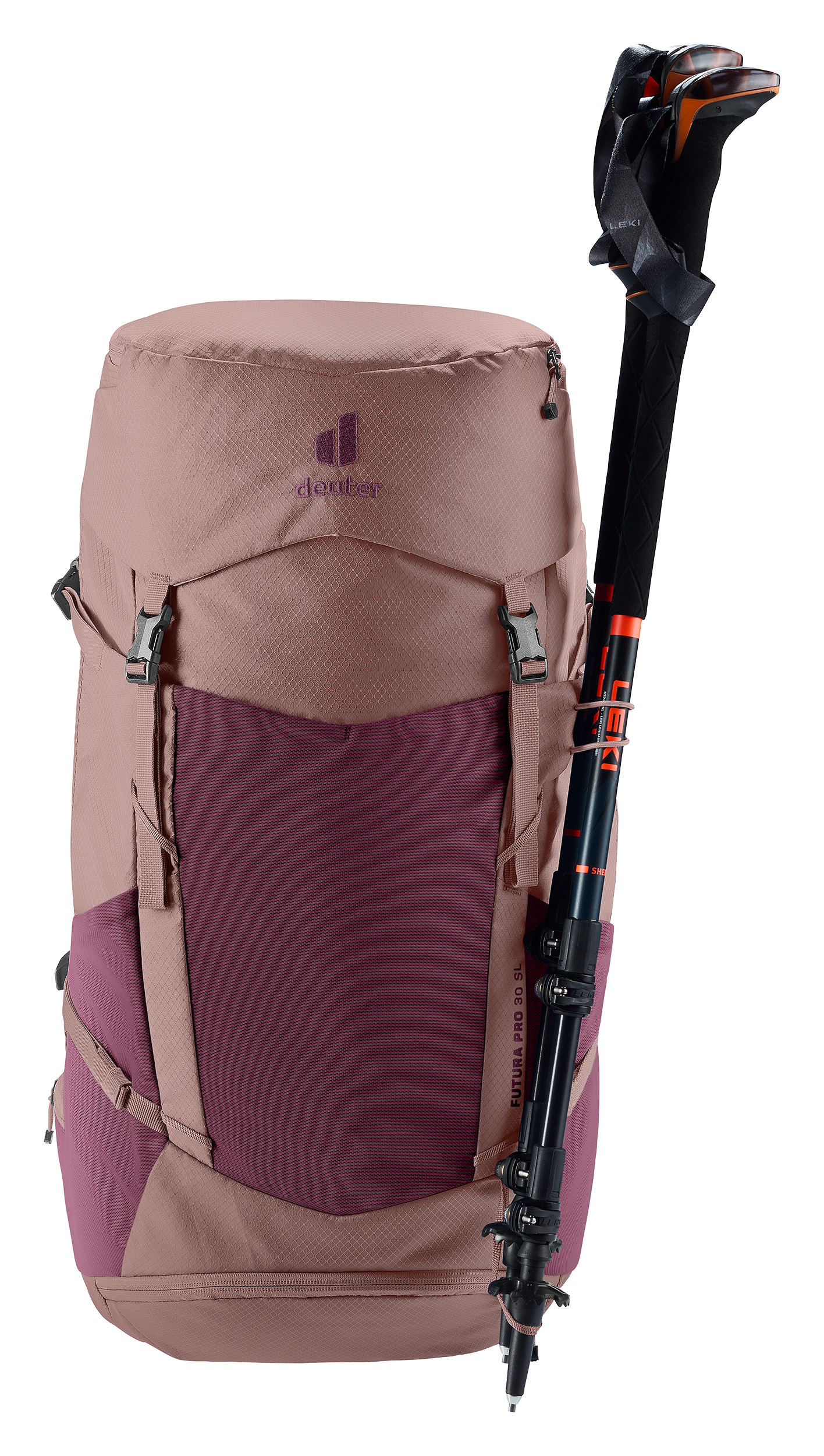 backpack, hiking backpack, pink, purple accent, trekking pole attached
