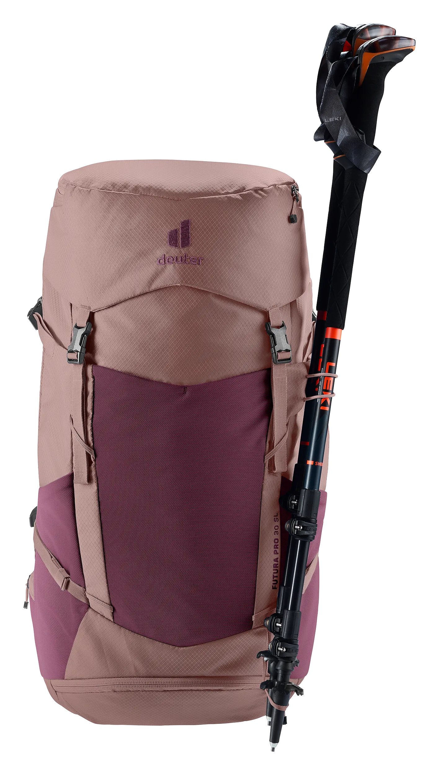 backpack, hiking backpack, pink, purple accent, trekking pole attached