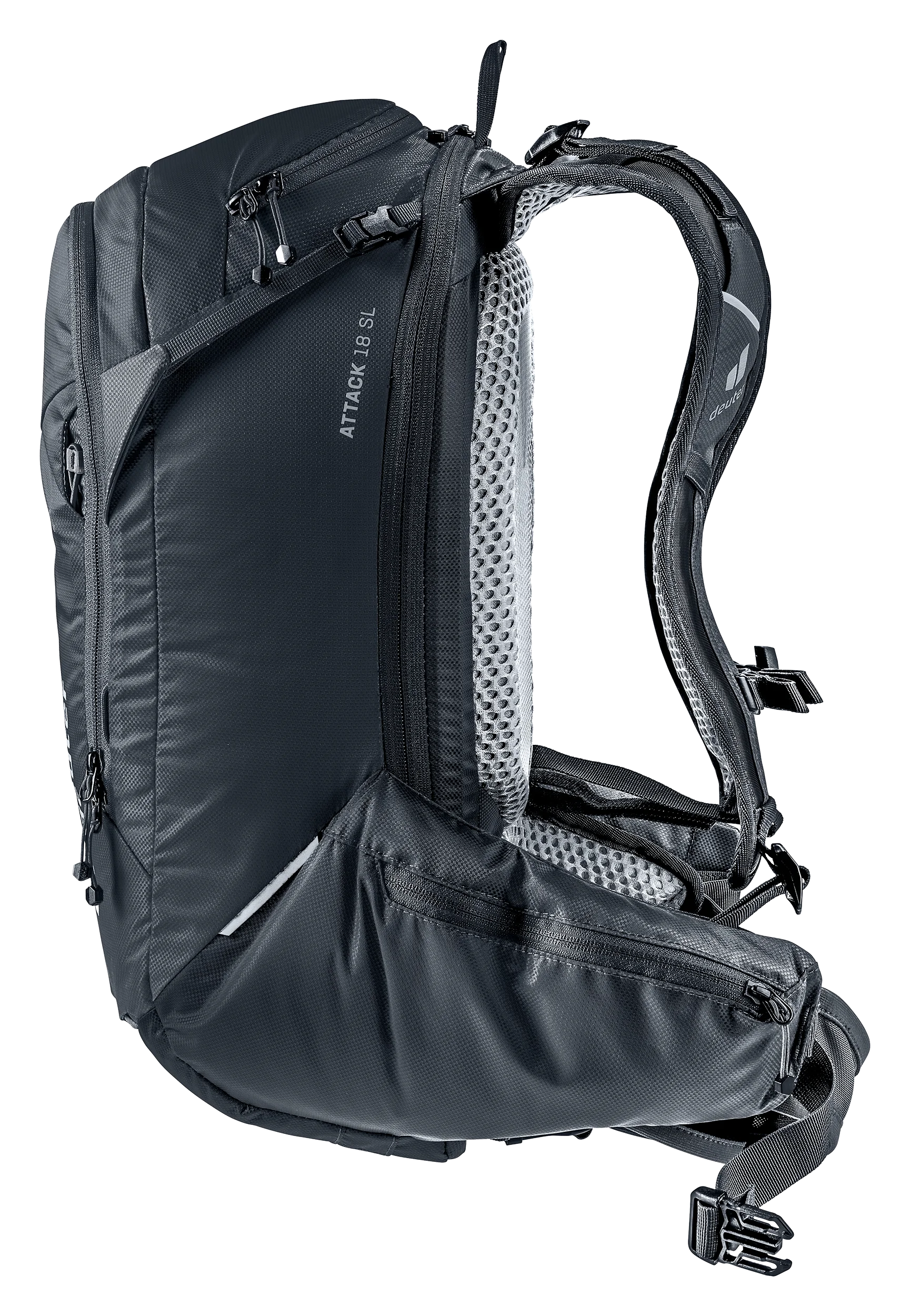 backpack, daypack, shoulder straps, mesh padding, dark gray