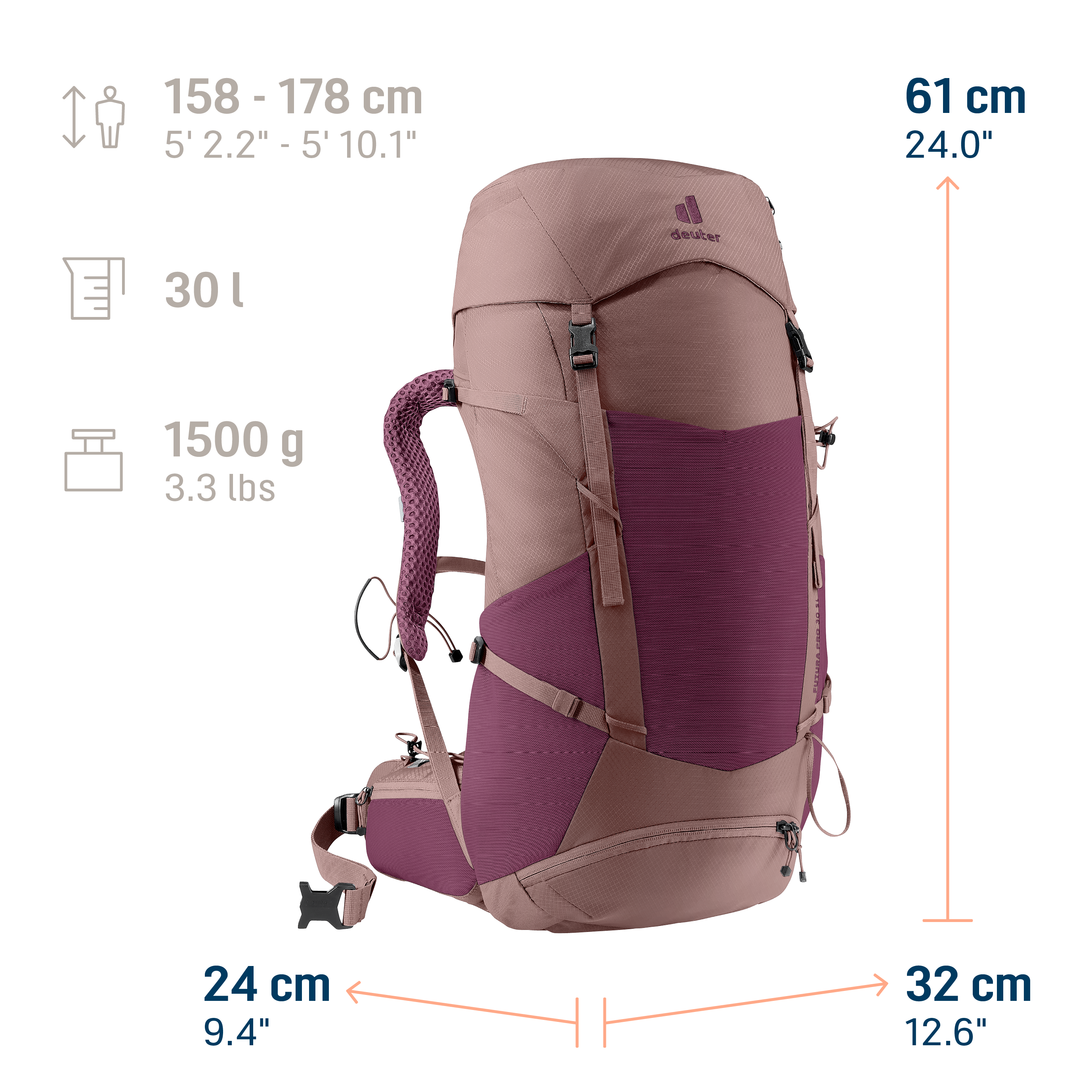 Futura Pro 30 SL backpack, hiking, 5500-6000cc, pink, adjustable