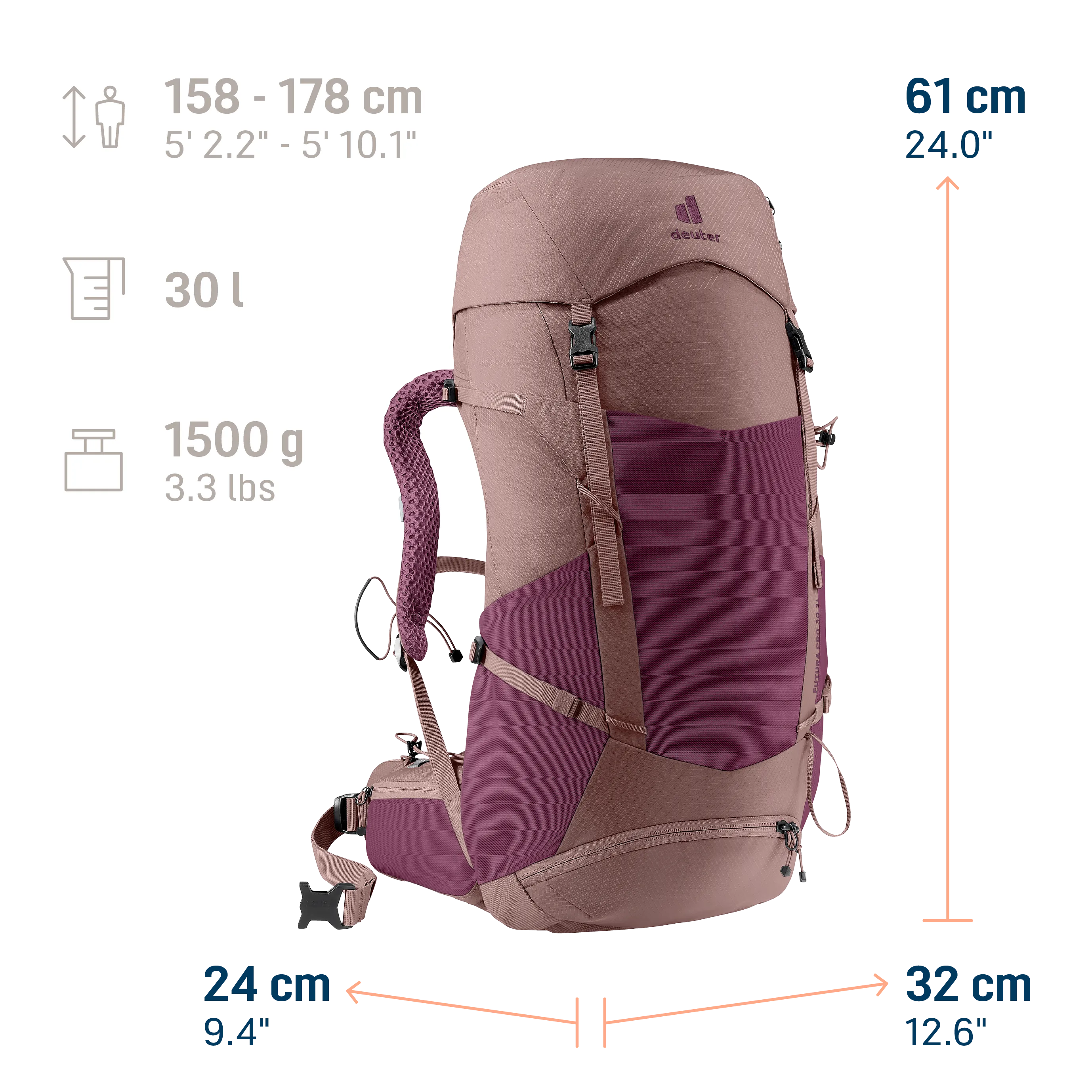 backpack, hiking, 5500-6000cc, pink, adjustable