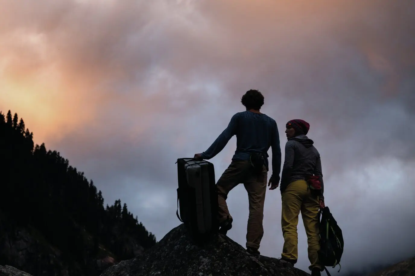 outdoor, hikers, backpacks, mountain, sunset