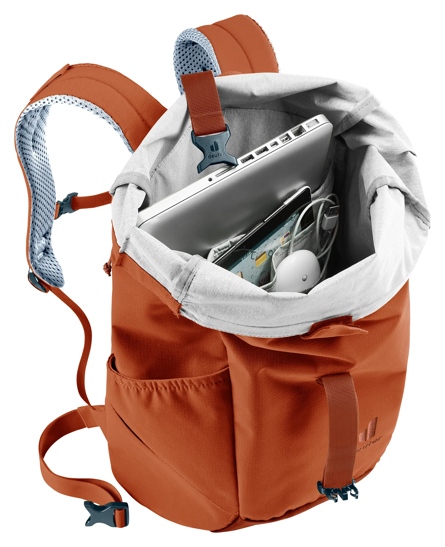 backpack, orange, hiking, camping, mesh-padded straps