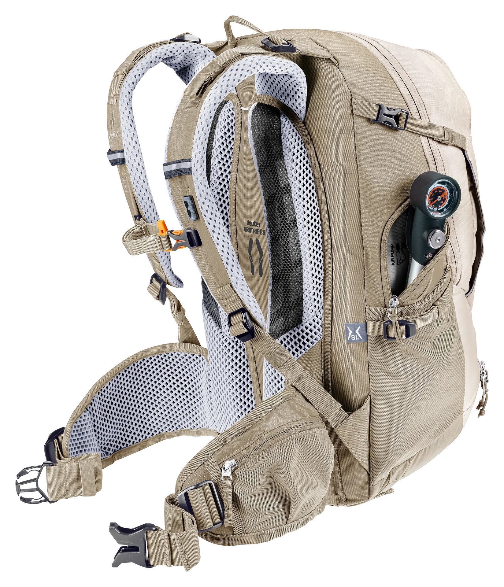 backpack, hiking backpack, tan, mesh back, waist pocket