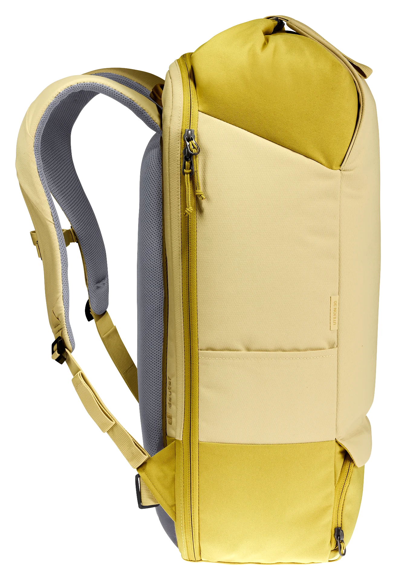 backpack, yellow, duffel-style, shoulder strap, zipper pocket