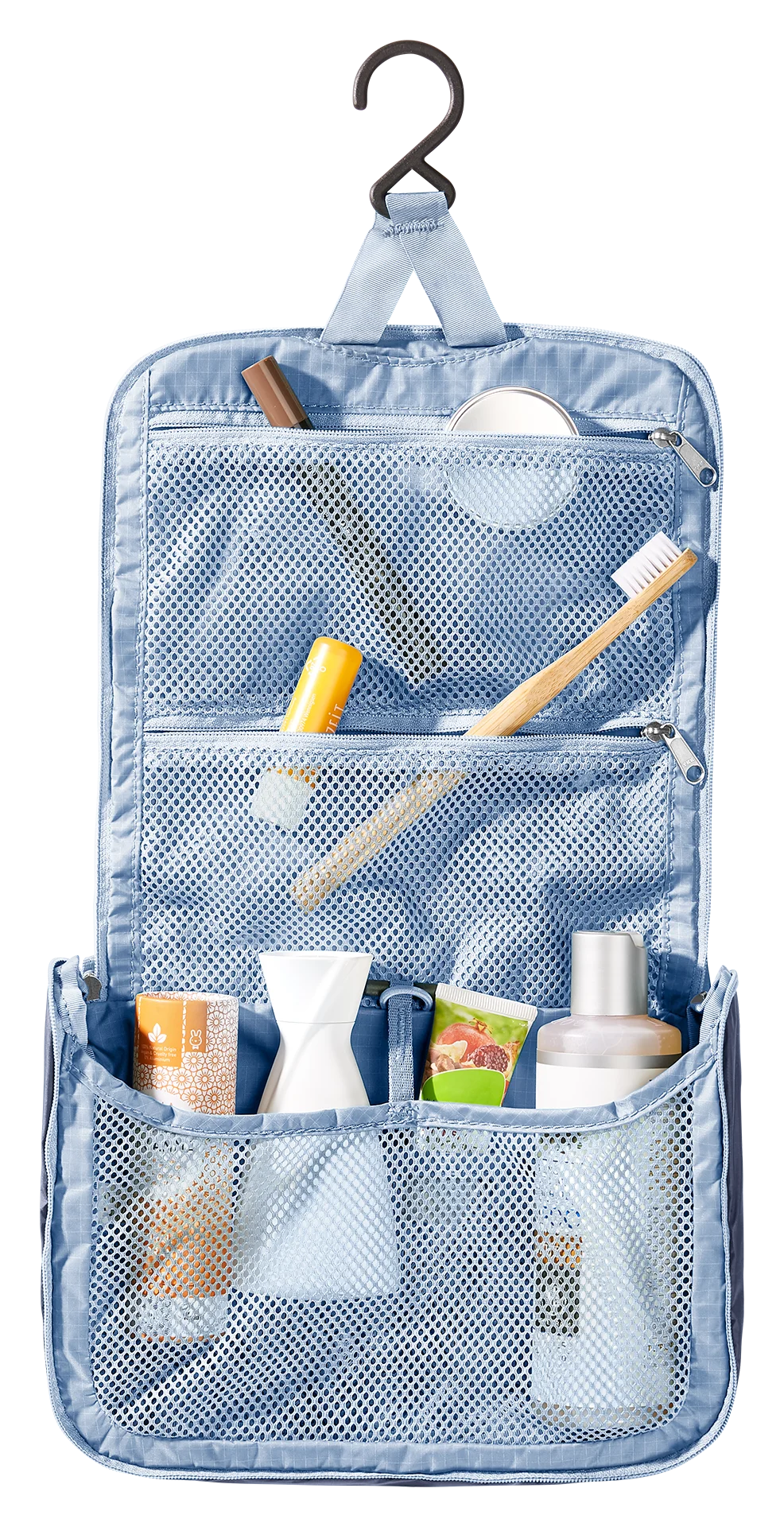 travel kit, toiletry bag, mesh pockets, hanging hook, cosmetics organizer