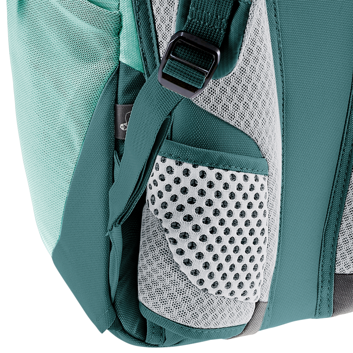 backpack, mesh pocket, strap, buckle, green