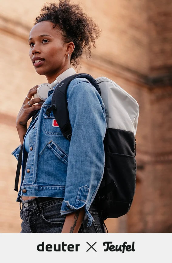 backpack, denim jacket, student, headphones, casual